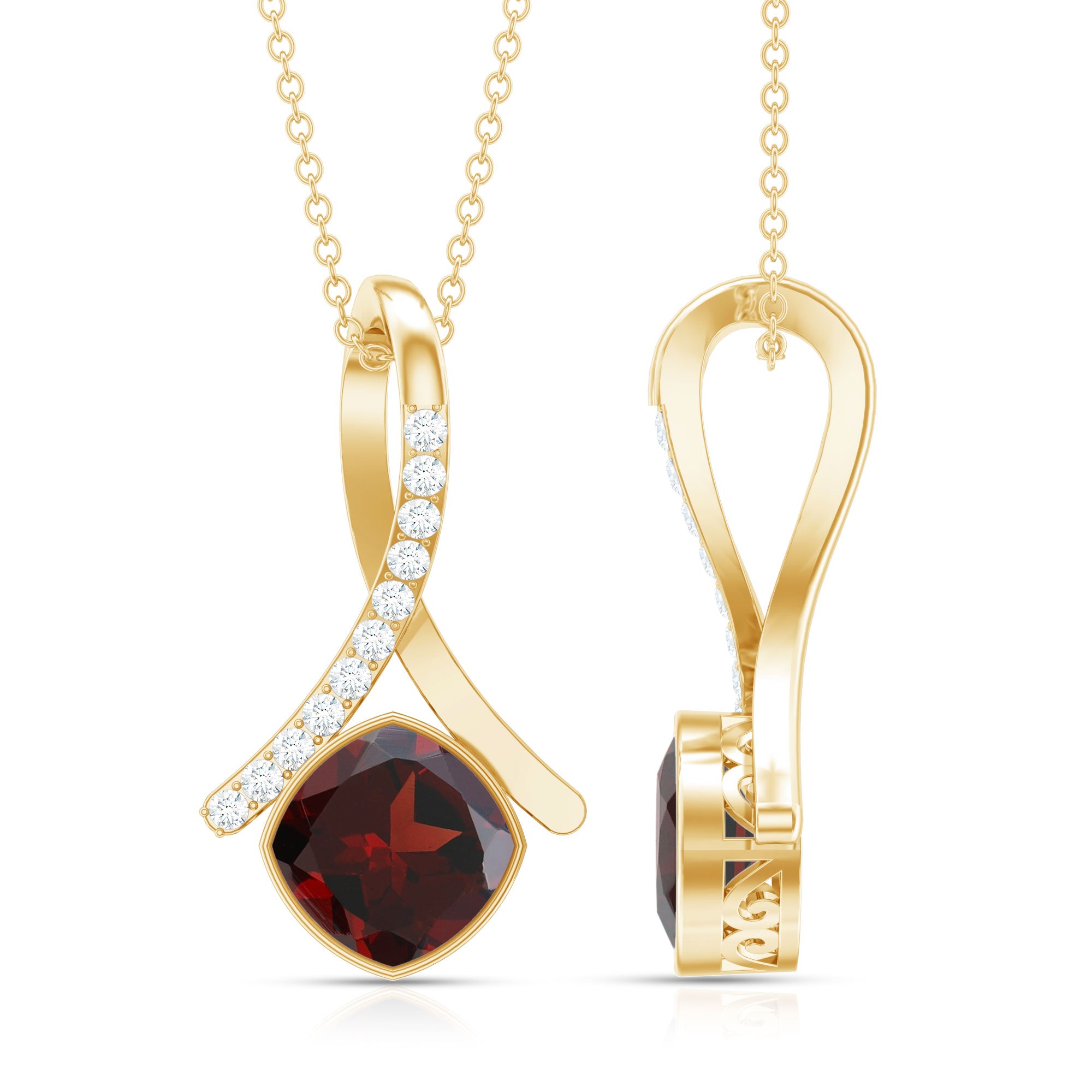 3 Carat Cushion Cut Garnet Solitaire Pendant with Diamond Twisted Bail AAA - Rosec Jewels
