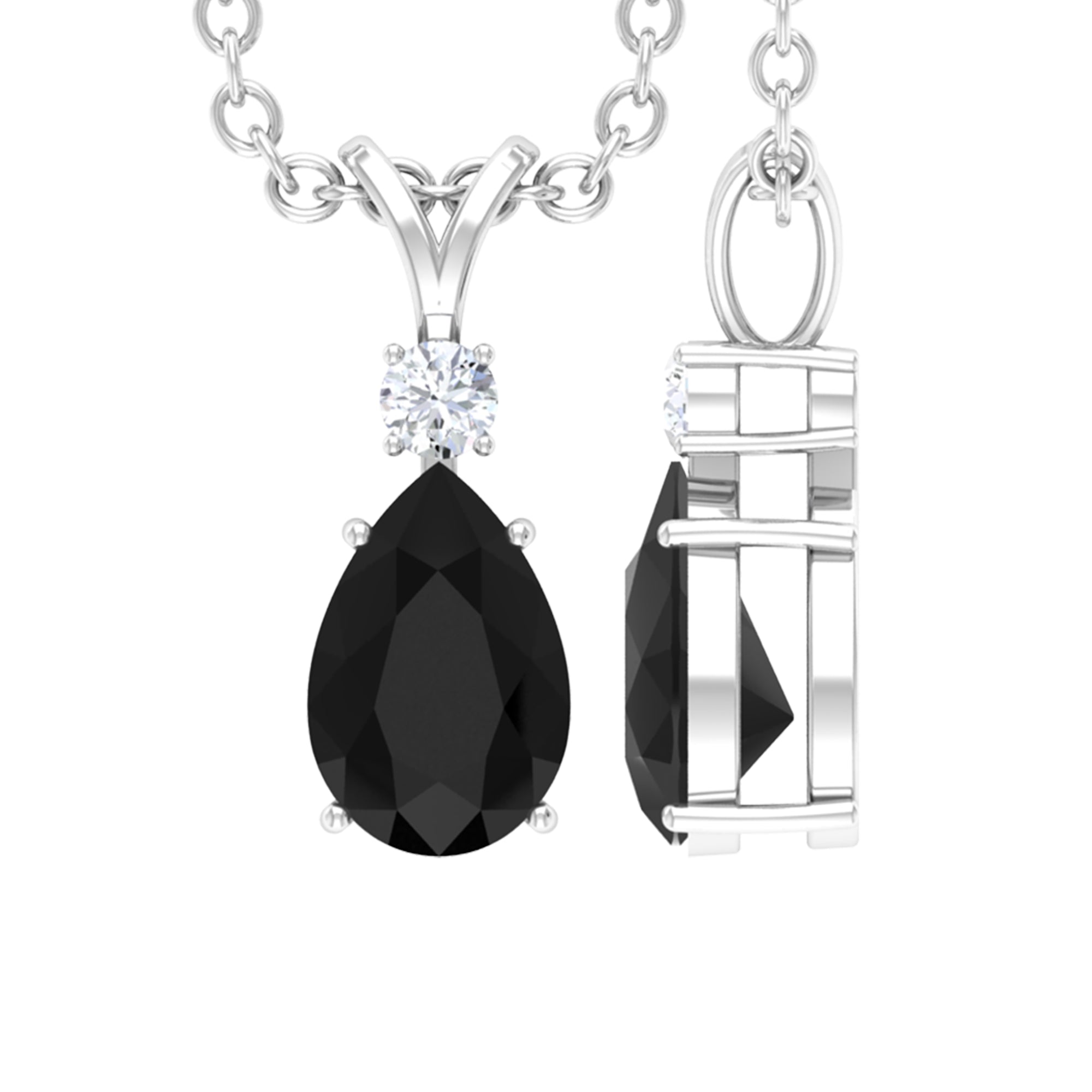 Pear Shape Black Onyx Solitaire Pendant with Diamond Black Onyx - ( AAA ) - Quality - Rosec Jewels
