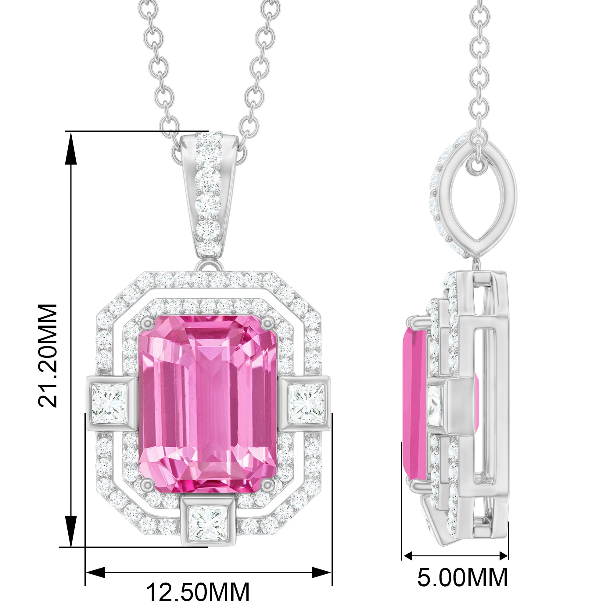 Vintage Emerald Cut Created Pink Sapphire Pendant with Moissanite Lab Created Pink Sapphire - ( AAAA ) - Quality - Rosec Jewels
