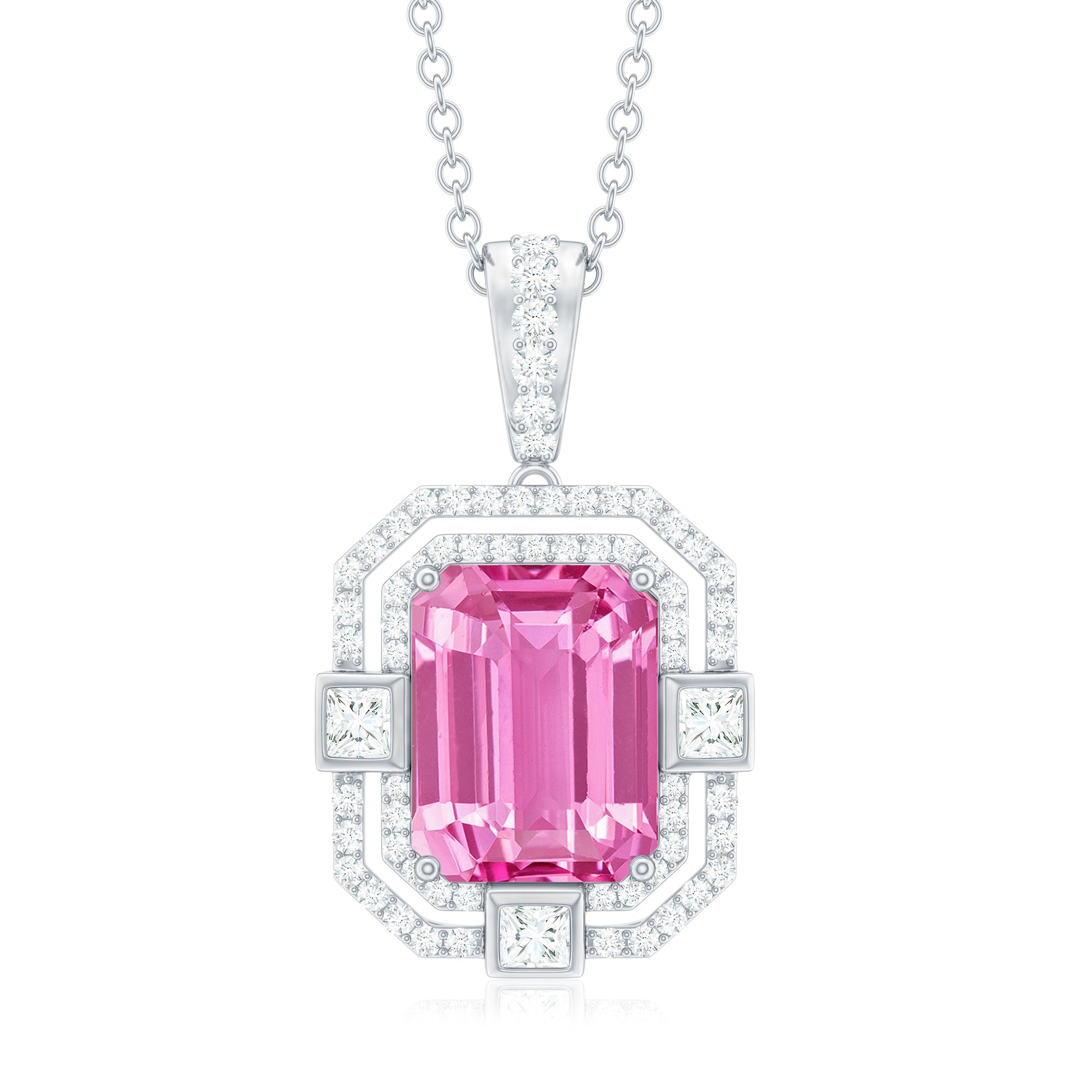 Vintage Emerald Cut Created Pink Sapphire Pendant with Moissanite Lab Created Pink Sapphire - ( AAAA ) - Quality - Rosec Jewels