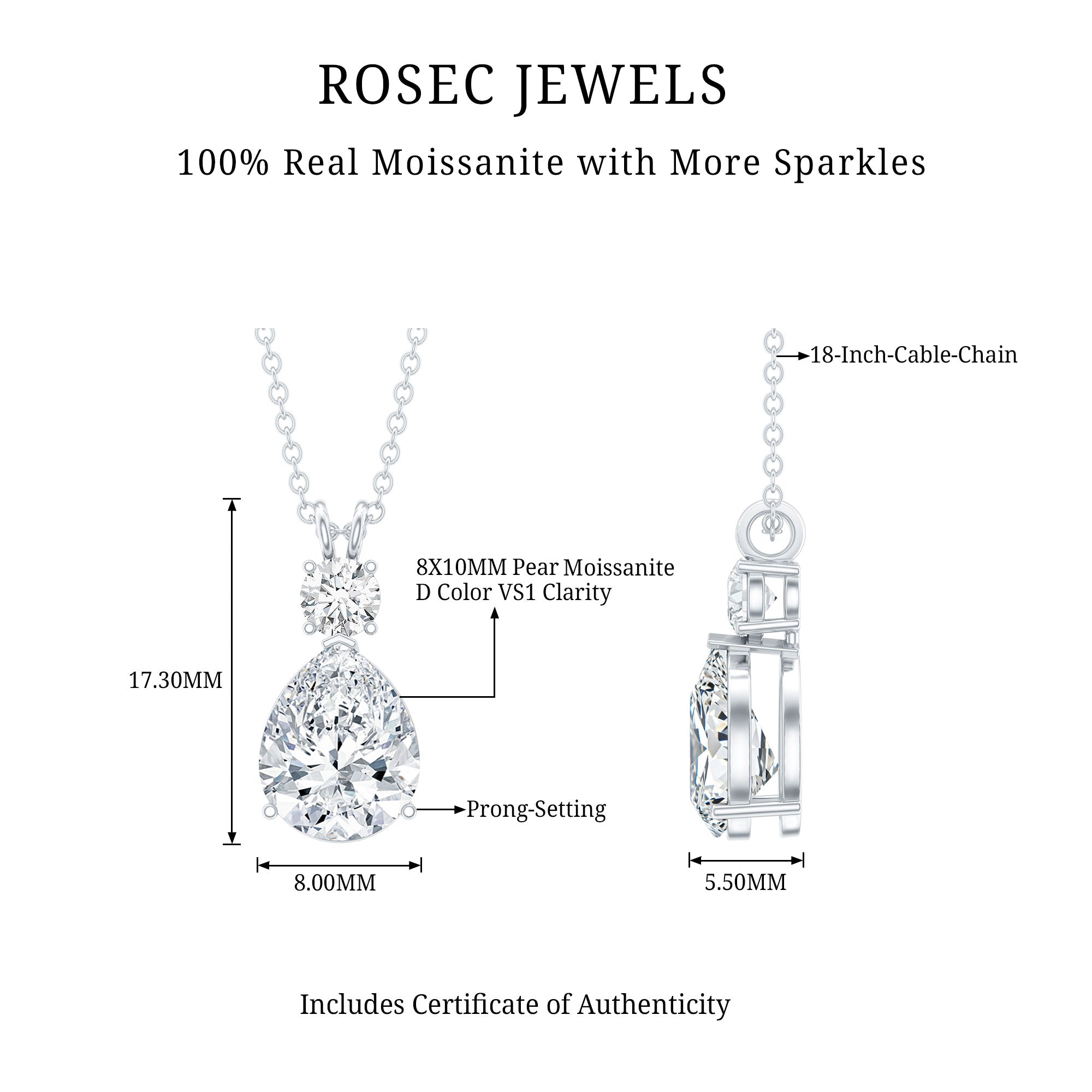 Certified Moissanite Teardrop Pendant Necklace D-VS1 - Rosec Jewels