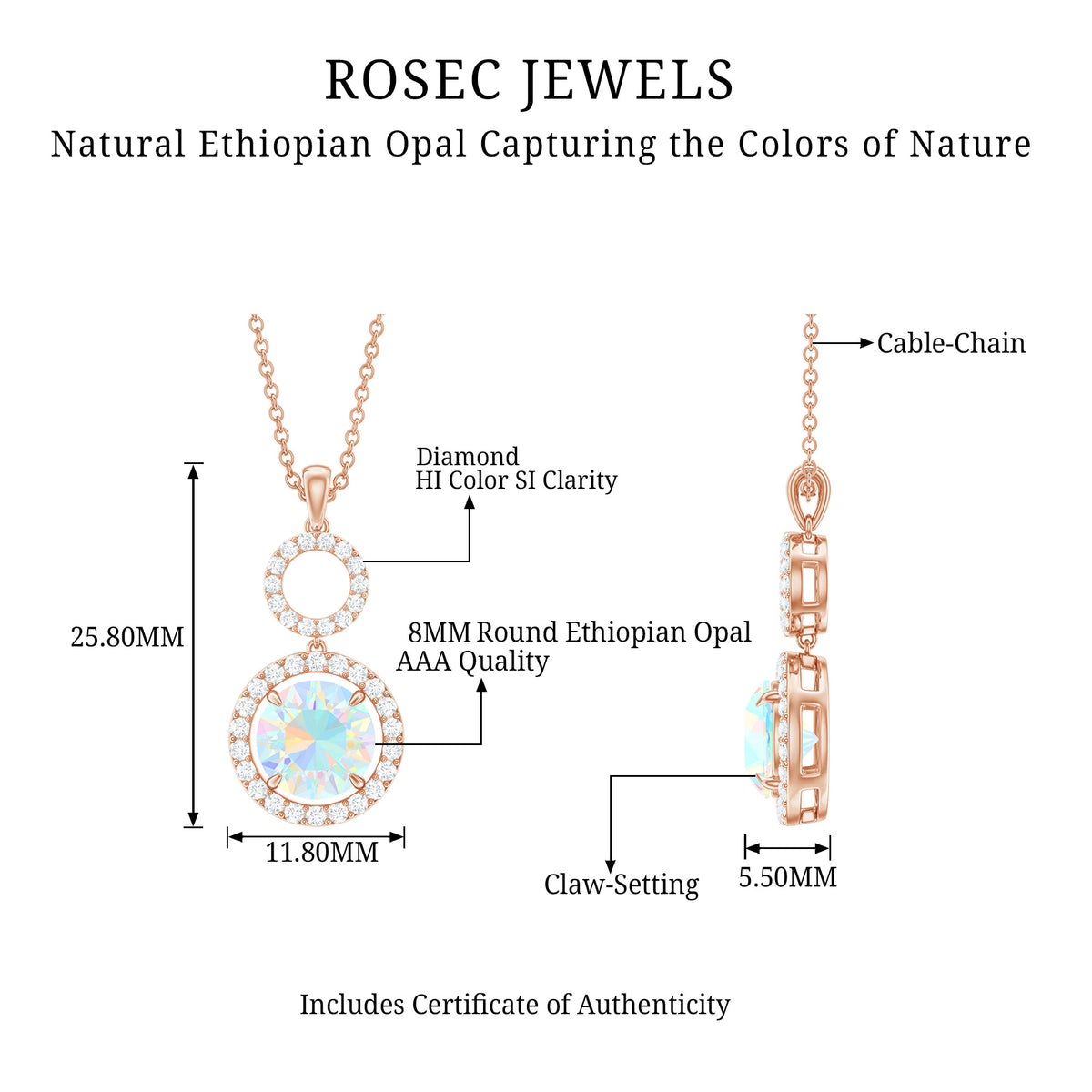 Natural Ethiopian Opal Drop Pendant Necklace with Diamond AAA - Rosec Jewels