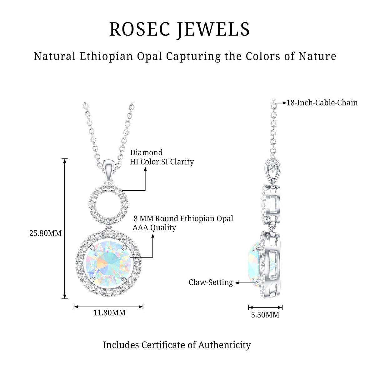 Natural Ethiopian Opal Drop Pendant Necklace with Diamond AAA - Rosec Jewels