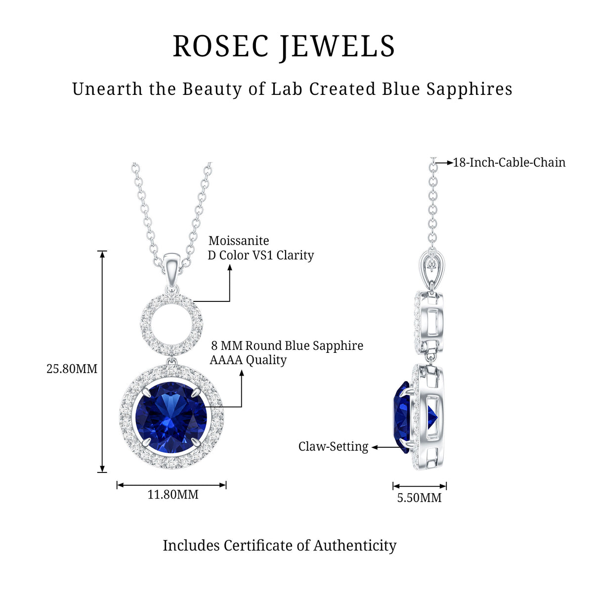 Lab Grown Blue Sapphire Halo Pendant with Moissanite AAAA - Rosec Jewels