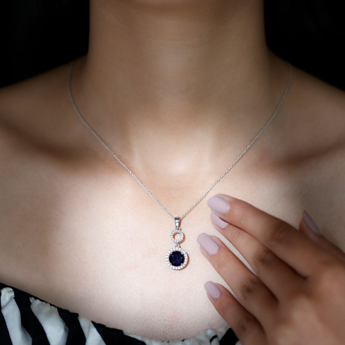 Lab Grown Blue Sapphire Halo Pendant with Moissanite AAAA - Rosec Jewels