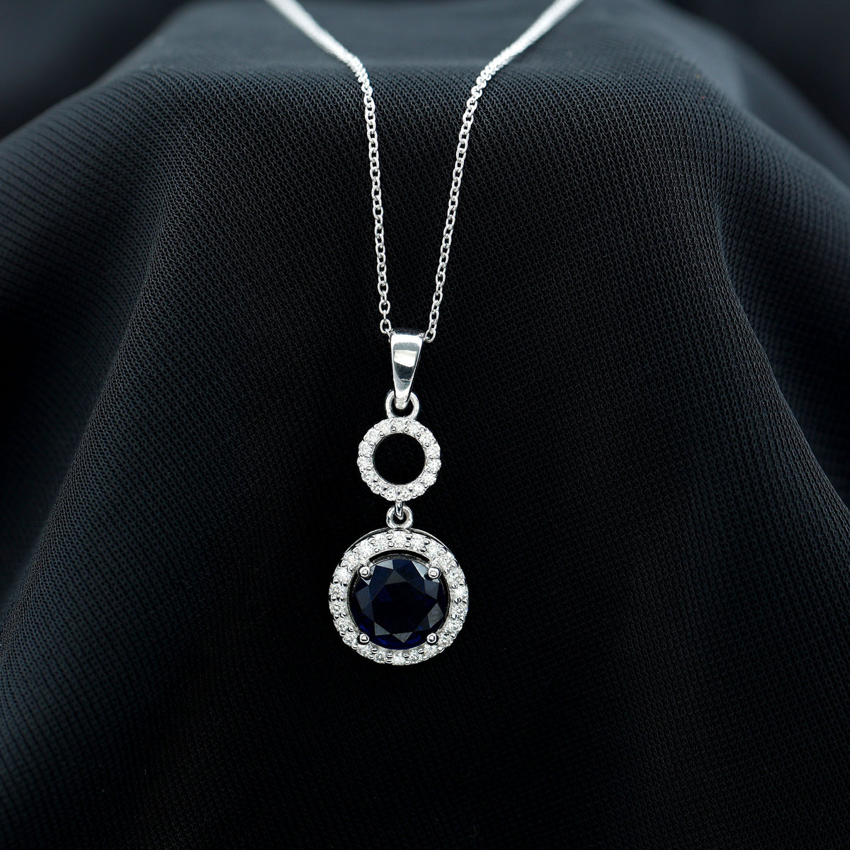 Lab Grown Blue Sapphire Halo Pendant with Moissanite AAAA - Rosec Jewels