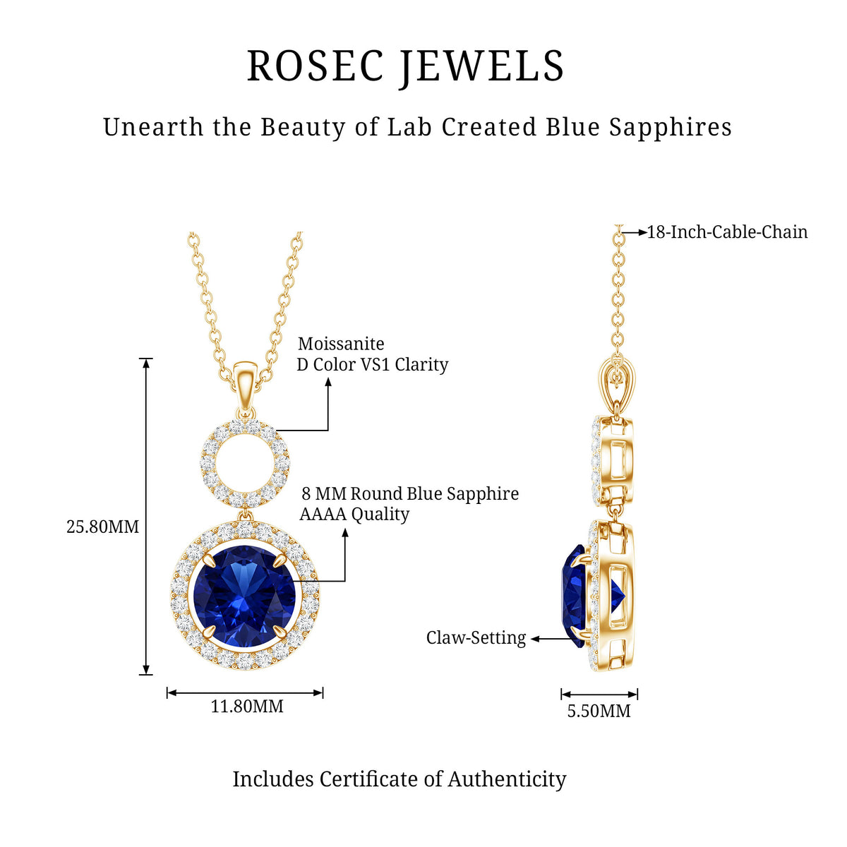 Lab Grown Blue Sapphire Halo Pendant with Moissanite AAAA - Rosec Jewels