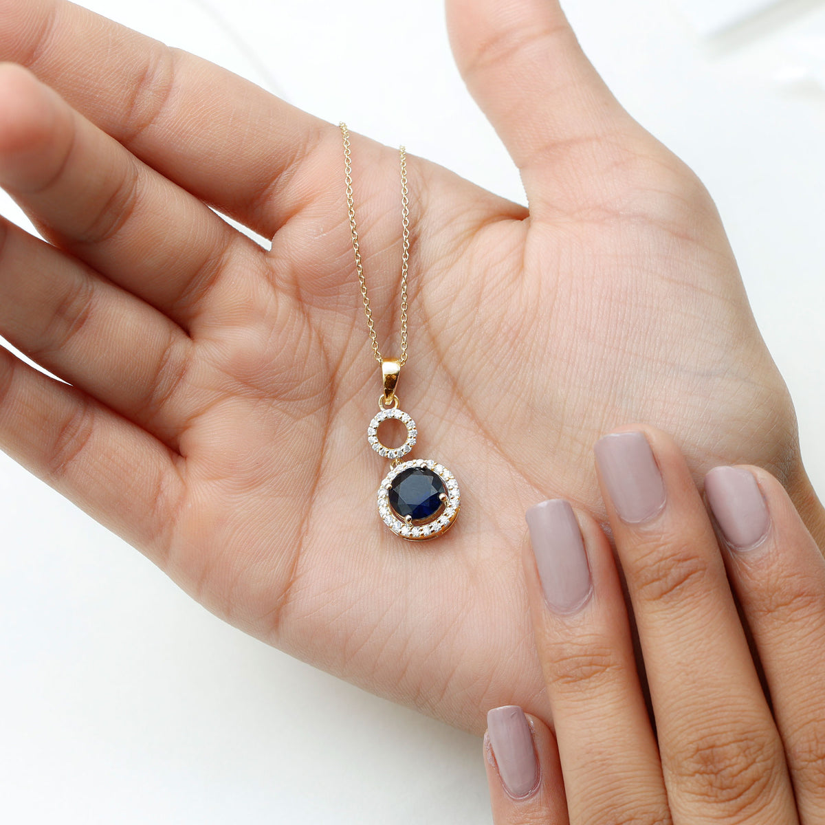 Lab Grown Blue Sapphire Halo Pendant with Moissanite AAAA - Rosec Jewels