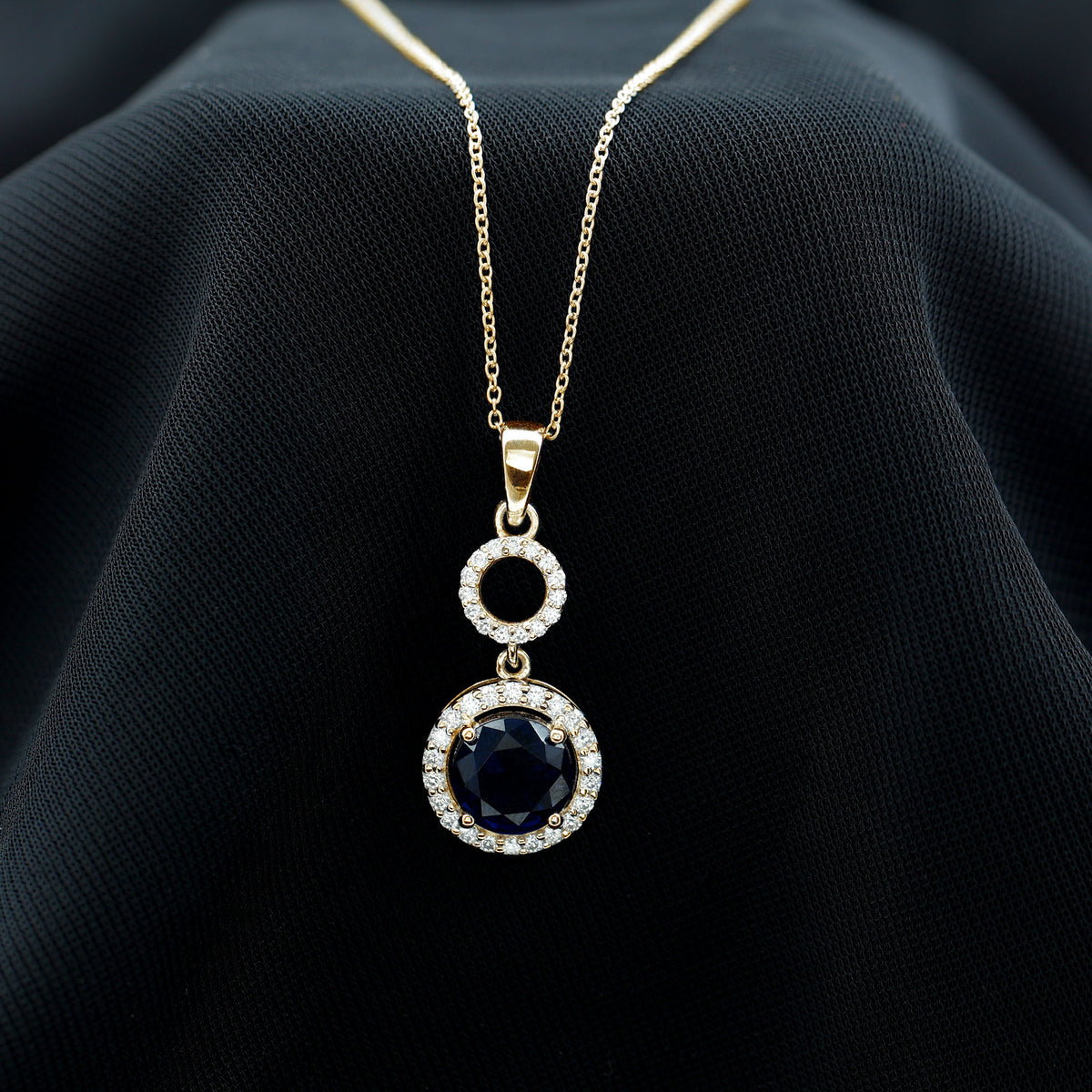 Lab Grown Blue Sapphire Halo Pendant with Moissanite AAAA - Rosec Jewels