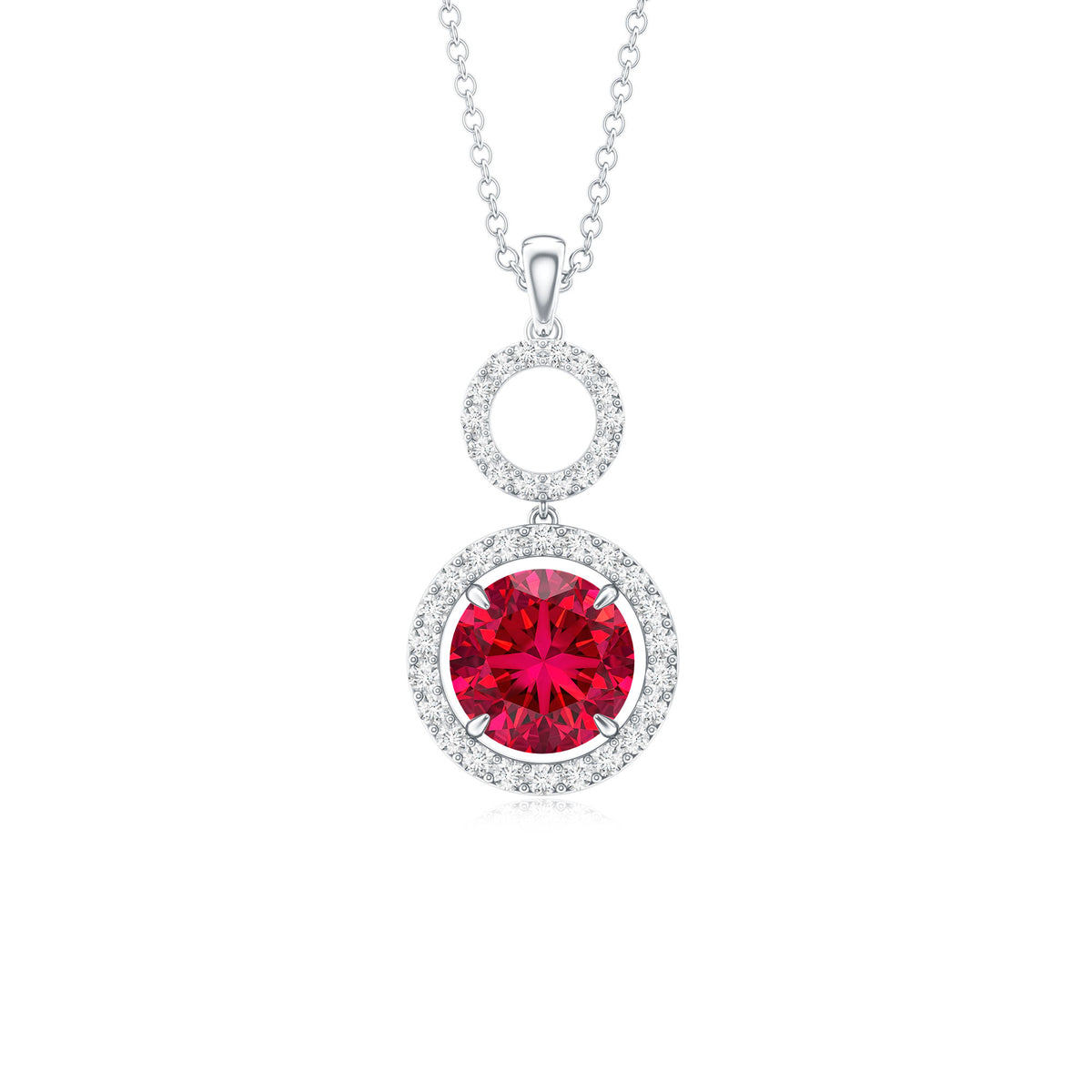 Lab Grown Ruby and Diamond Halo Dangle Pendant Necklace AAAA - Rosec Jewels