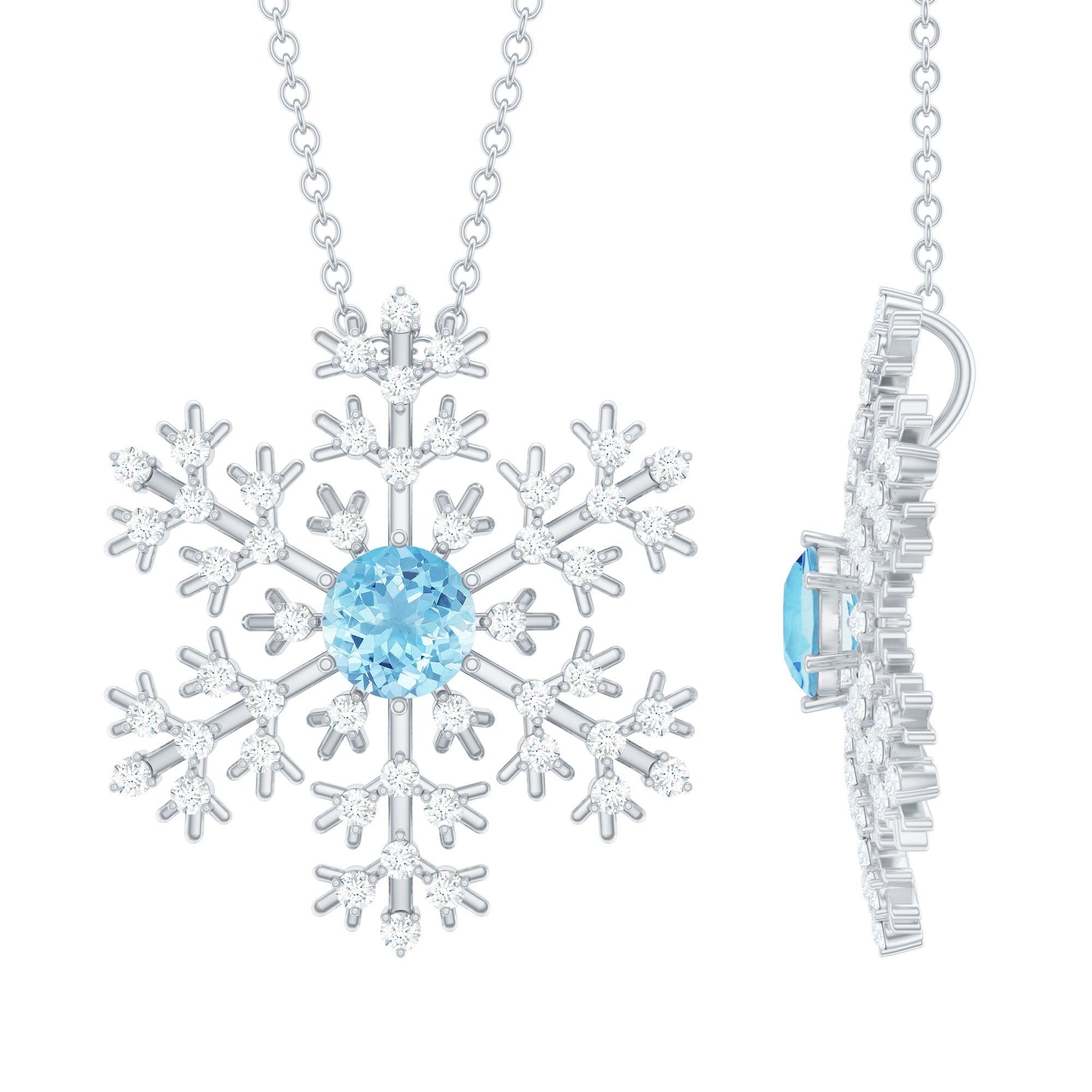 1 CT Snowflake Pendant Necklace with Aquamarine and Diamond
