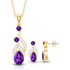 Real Amethyst and Diamond Bridal Dangle Necklace Earrings Set AAA - Rosec Jewels