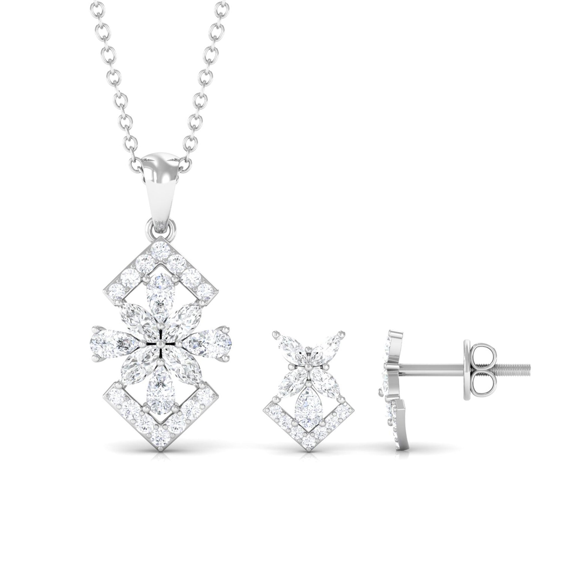 Genuine Diamond Flower Necklace and Earrings Set with Certificate Natural - ( HI-SI ) - Rosec Jewels