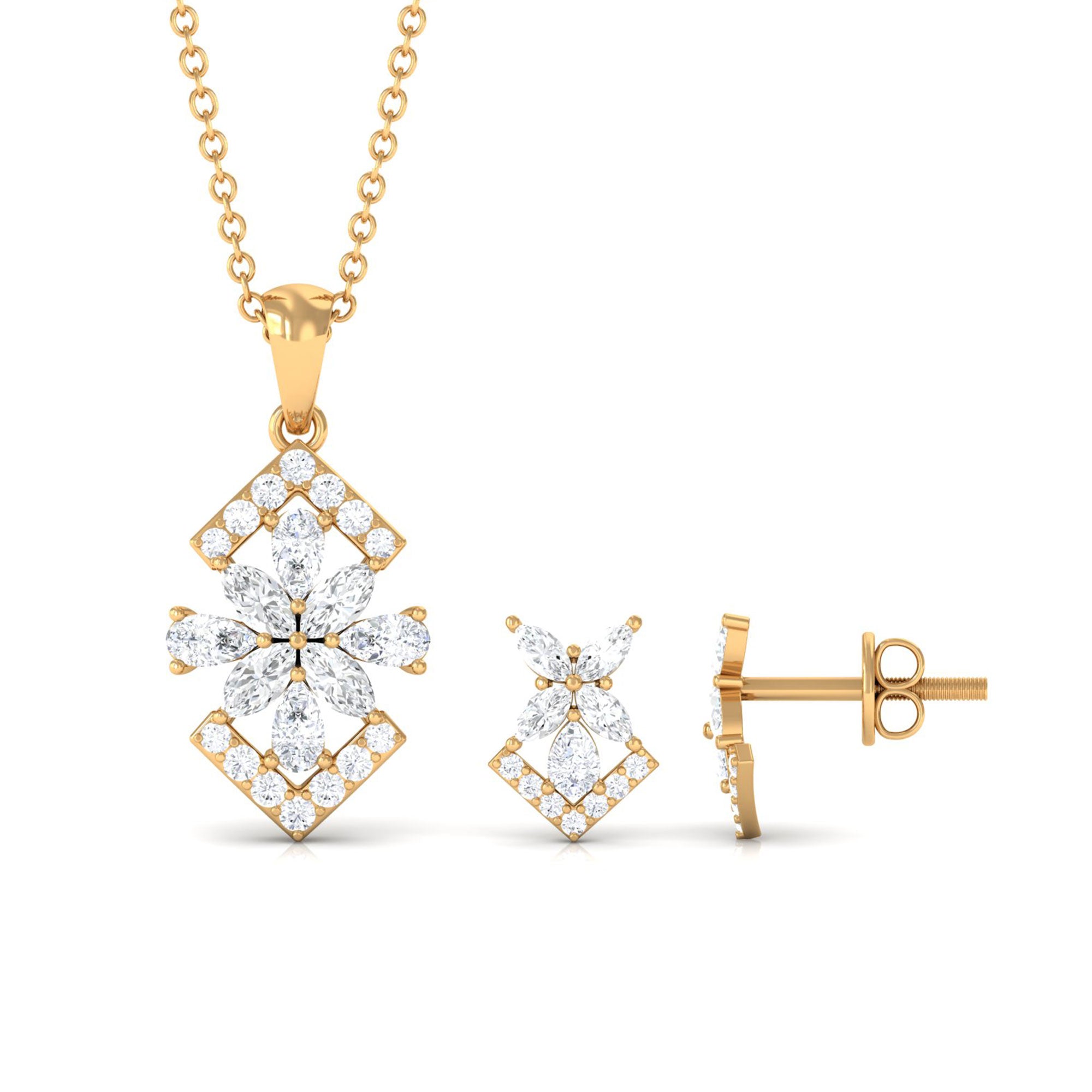 Genuine Diamond Flower Necklace and Earrings Set with Certificate Natural - ( HI-SI ) - Rosec Jewels