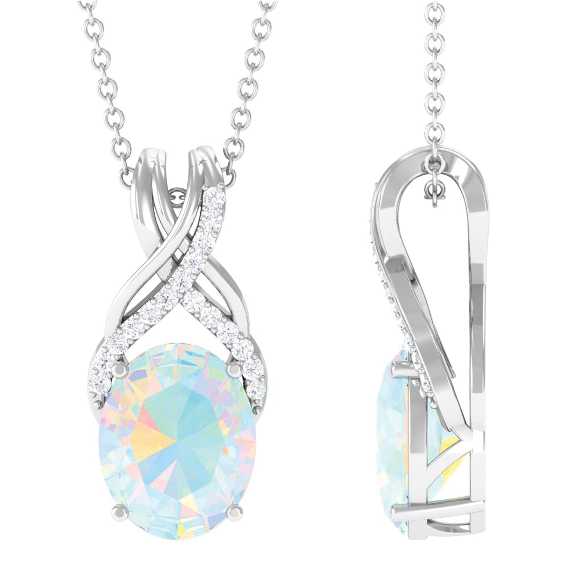 Rosec Jewels-Oval Ethiopian Opal Solitaire Pendant with Moissanite Twisted Bail