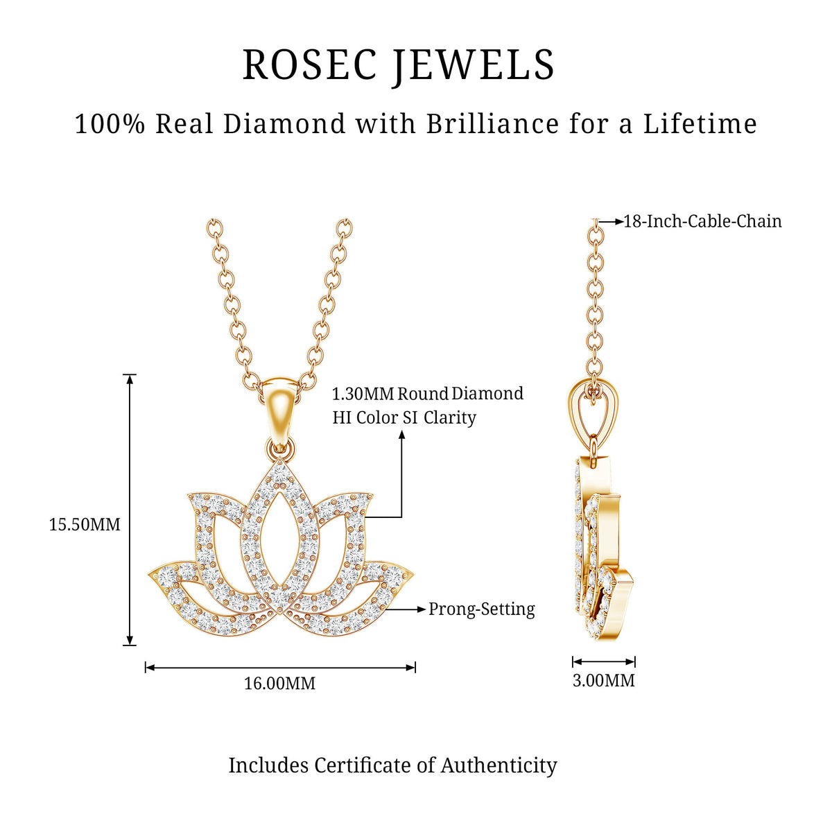 Diamond Lotus Flower Necklace in Pave Setting Natural - ( HI-SI ) - Rosec Jewels
