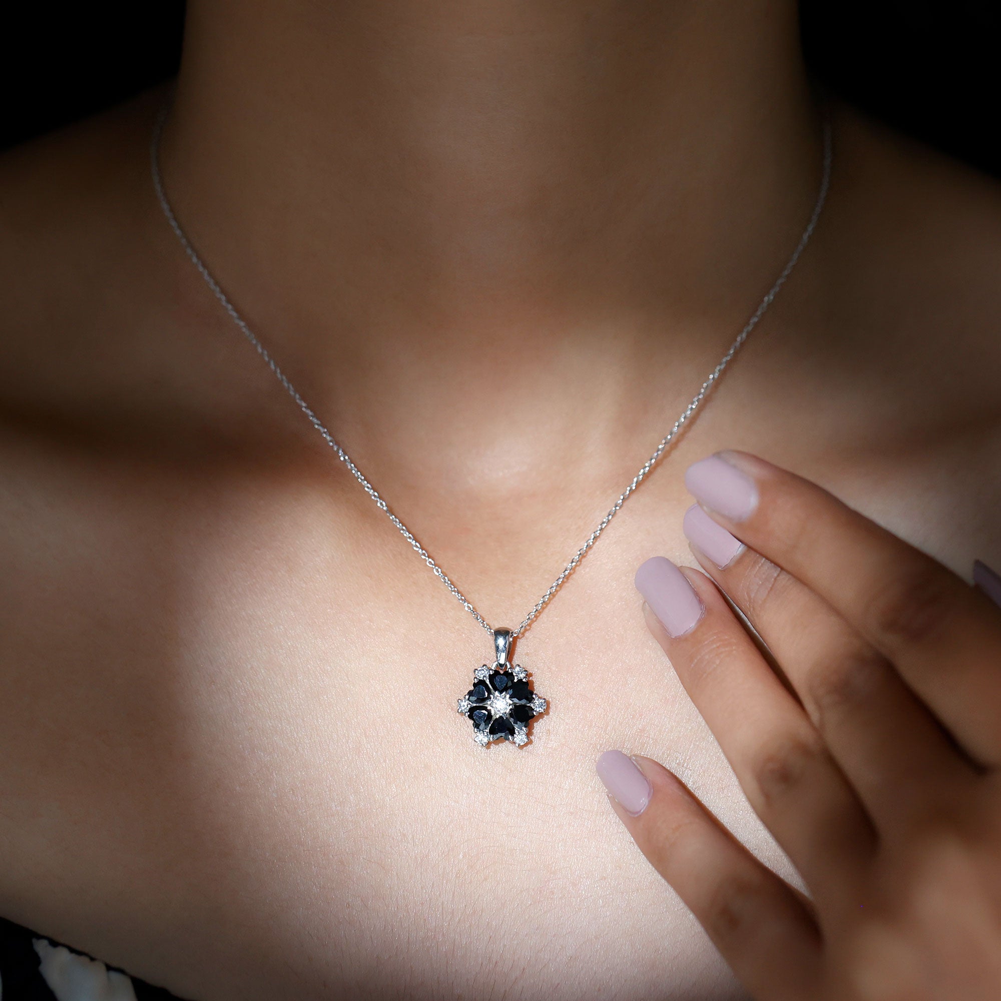 1.75 CT Heart Shape Black Onyx and Moissanite Flower Pendant Black Onyx - ( AAA ) - Quality - Rosec Jewels