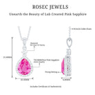 Created Pink Sapphire Teardrop Pendant Necklace With Diamond Halo AAAA - Rosec Jewels