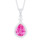 Created Pink Sapphire Teardrop Pendant Necklace With Diamond Halo AAAA - Rosec Jewels
