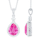 Created Pink Sapphire Teardrop Pendant Necklace With Diamond Halo AAAA - Rosec Jewels