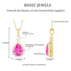 Created Pink Sapphire Teardrop Pendant Necklace With Diamond Halo AAAA - Rosec Jewels