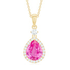 Created Pink Sapphire Teardrop Pendant Necklace With Diamond Halo AAAA - Rosec Jewels