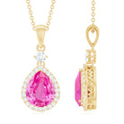 Created Pink Sapphire Teardrop Pendant Necklace With Diamond Halo AAAA - Rosec Jewels