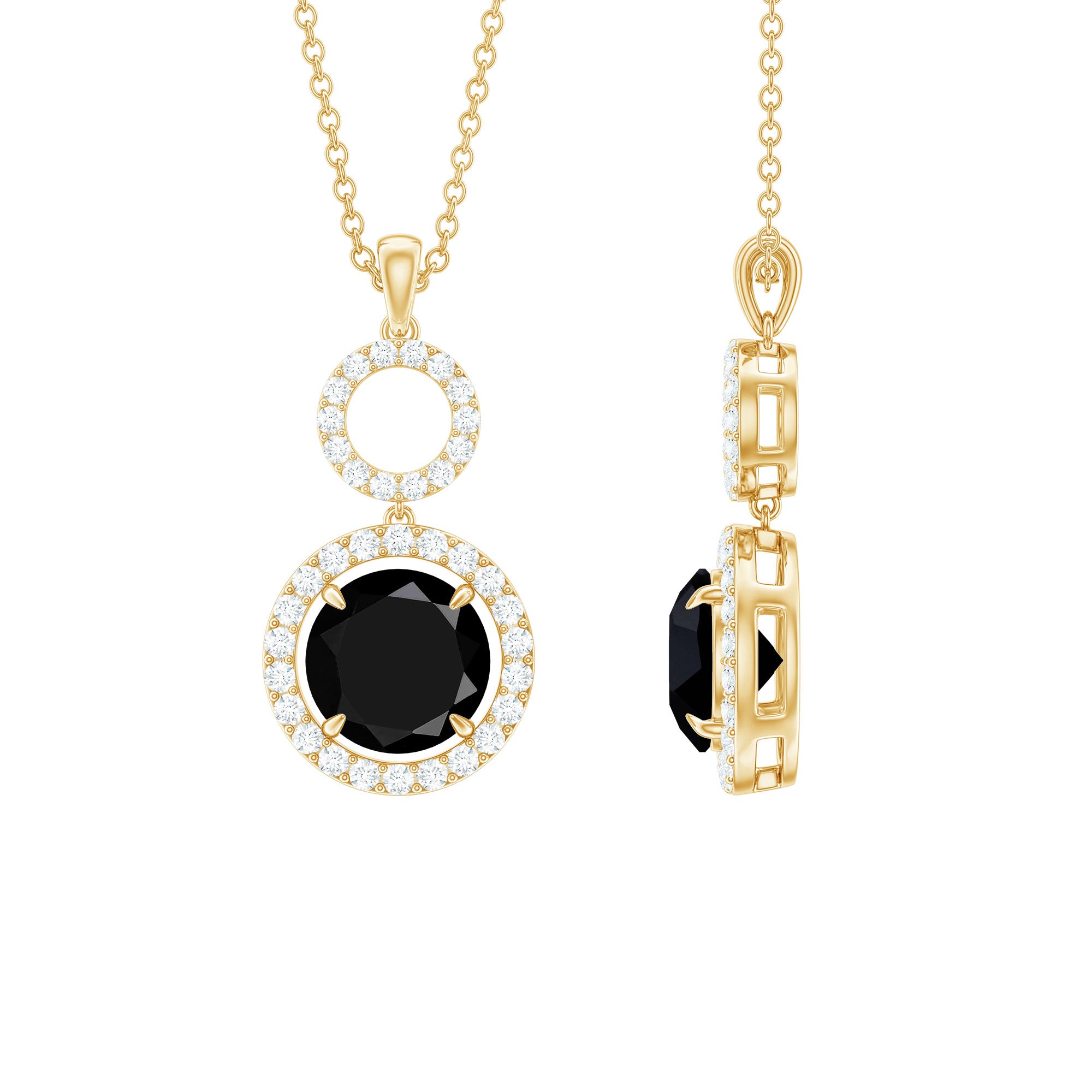 Rosec Jewels-Natural 8 MM Round Black Onyx Necklace with Diamond Halo