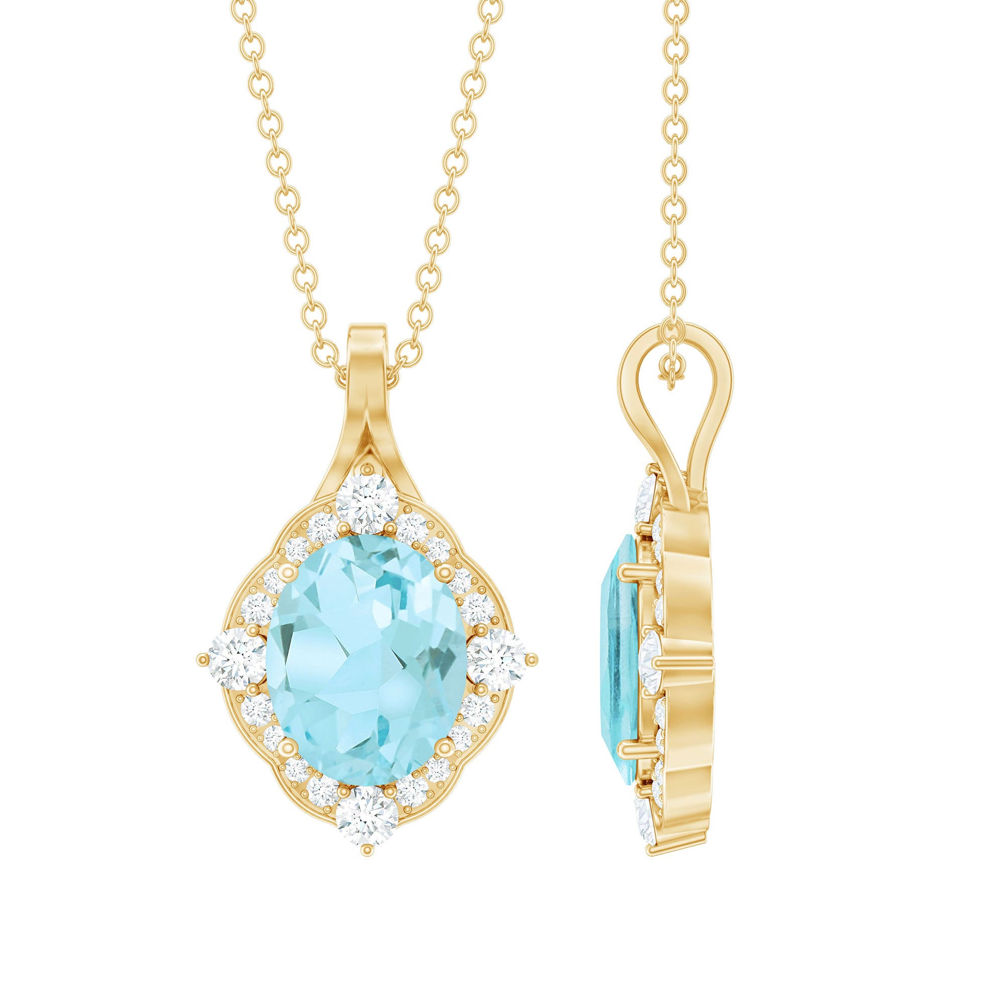 Vintage Style Sky Blue Topaz Diamond Halo Necklace