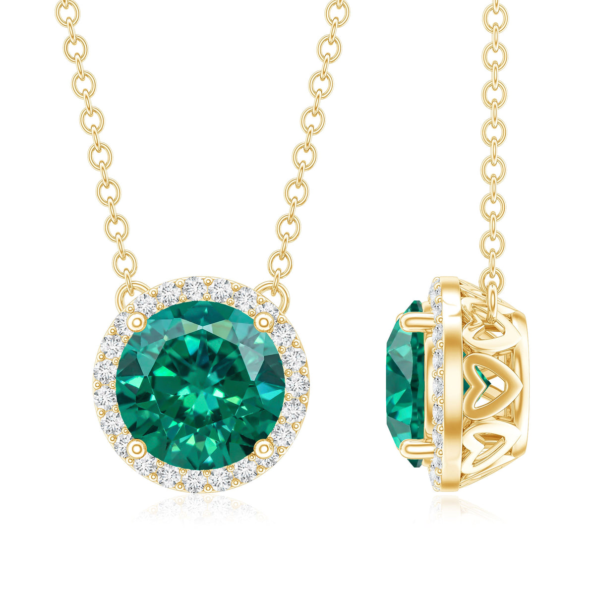 2 Carat Round Lab Created Emerald and Diamond Halo Necklace AAAA - Rosec Jewels