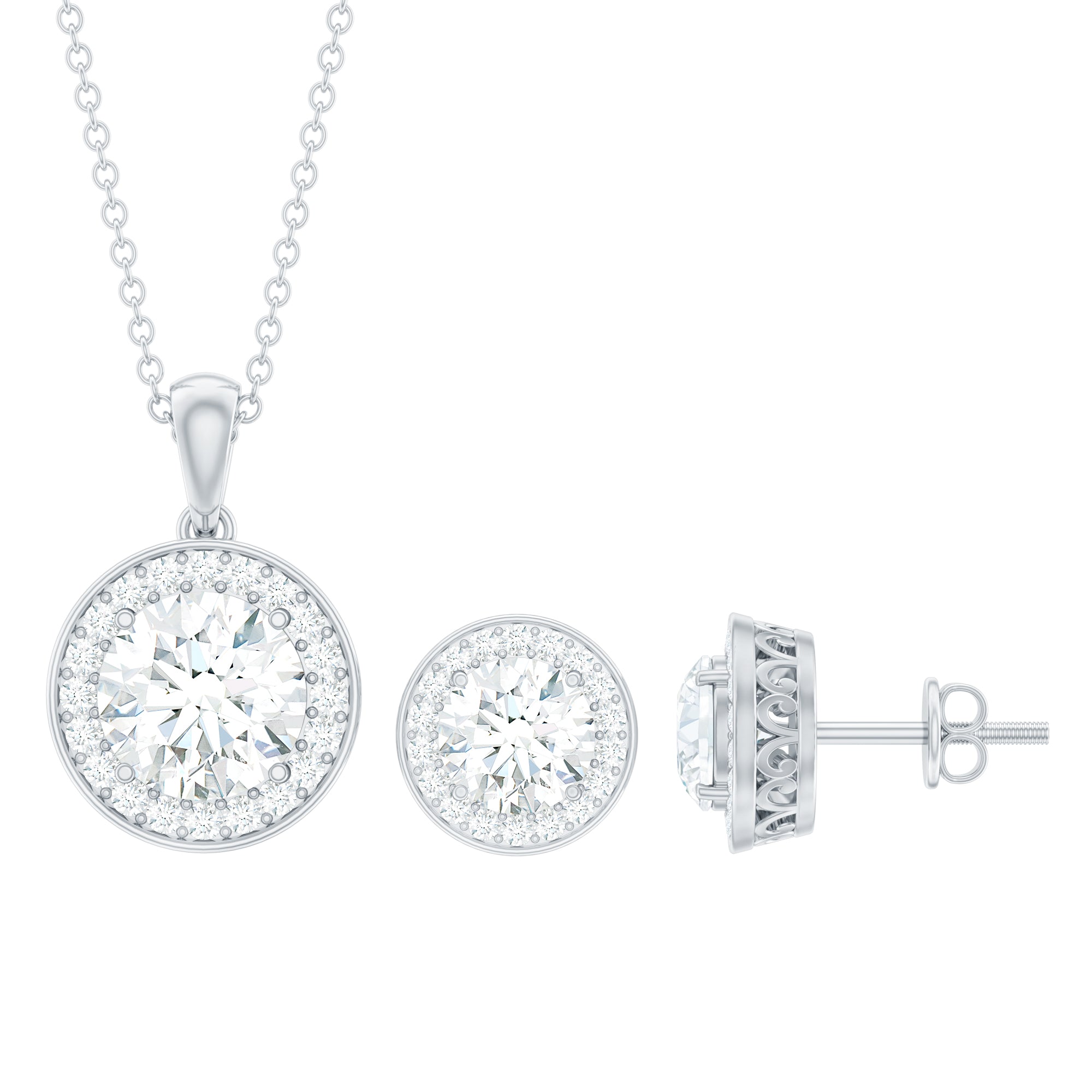Round Cubic Zirconia Halo Necklace and Earrings in Silver