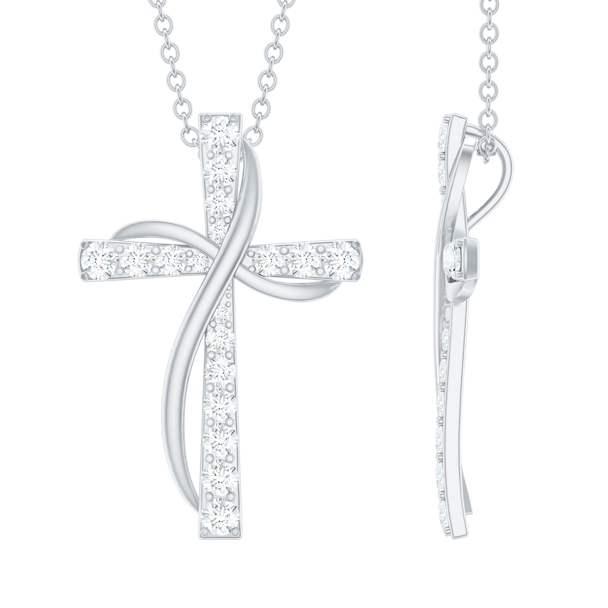 Certified Moissanite Double Cross Pendant Necklace in Silver