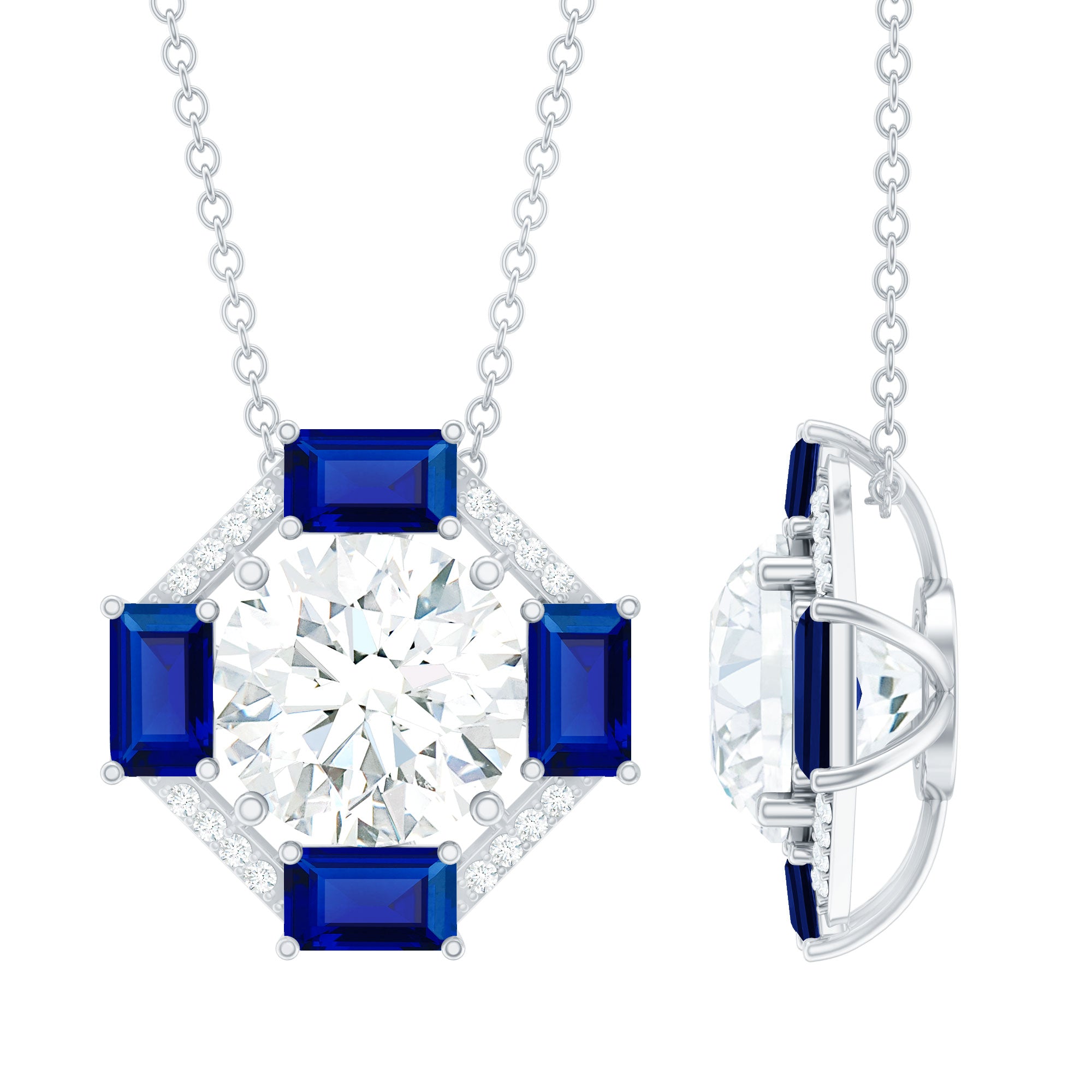 Certified Moissanite Sapphire Vintage Necklace with Silver Chain