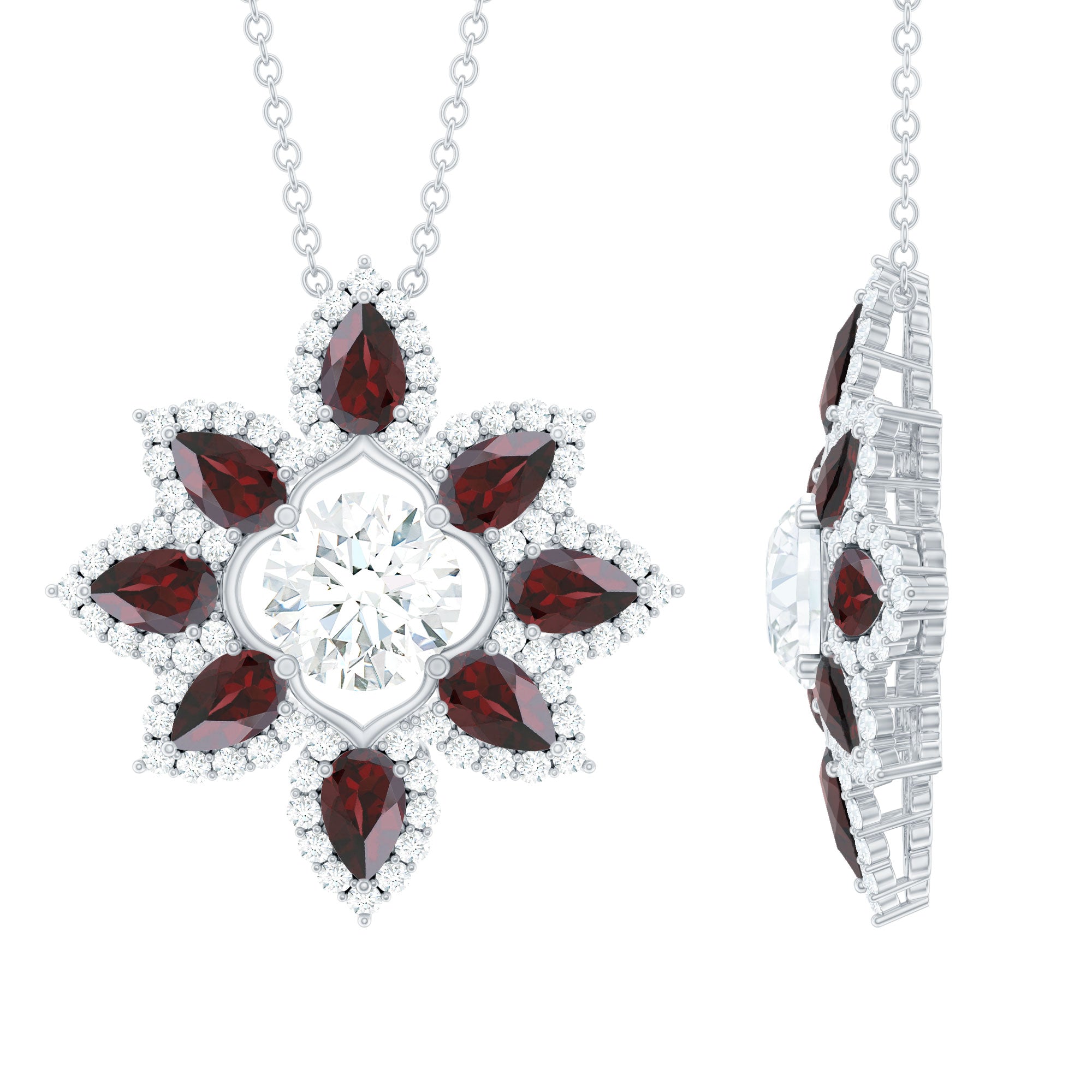 Certified Moissanite and Garnet Statement Flower Necklace