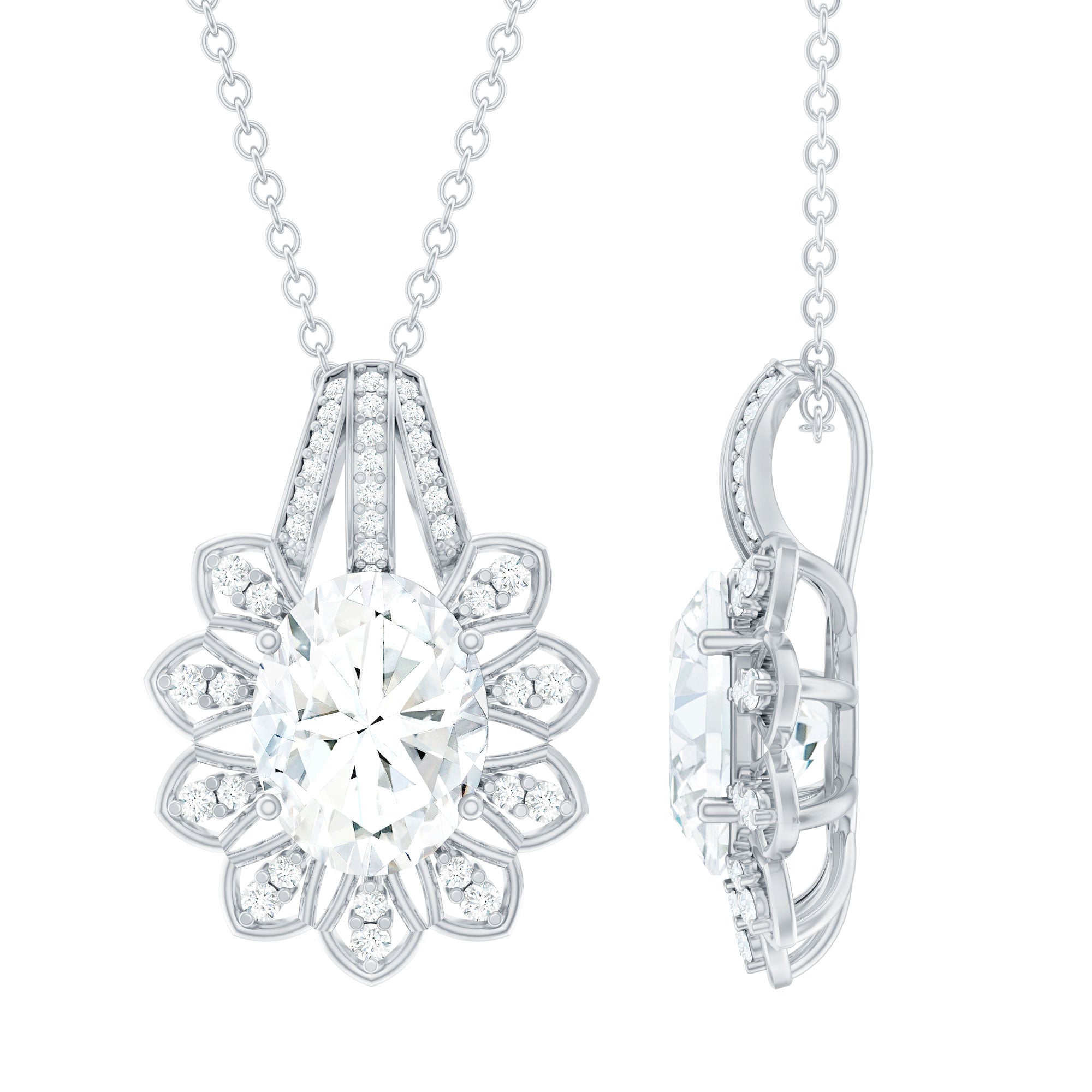 Certified Moissanite Vintage Inspired Necklace with Silver Chain