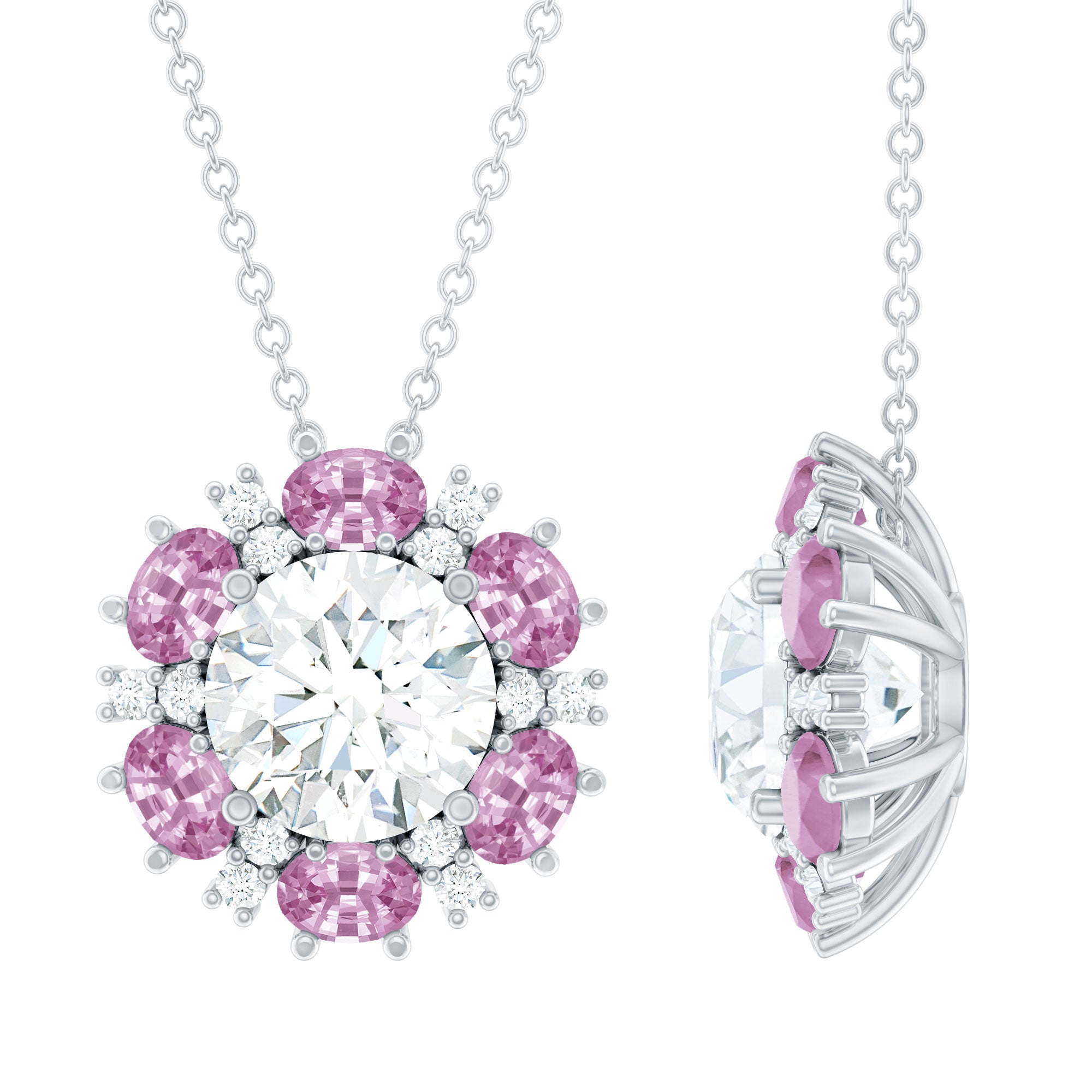Certified 2 CT Moissanite and Lab Grown Pink Sapphire Flower Pendant Necklace