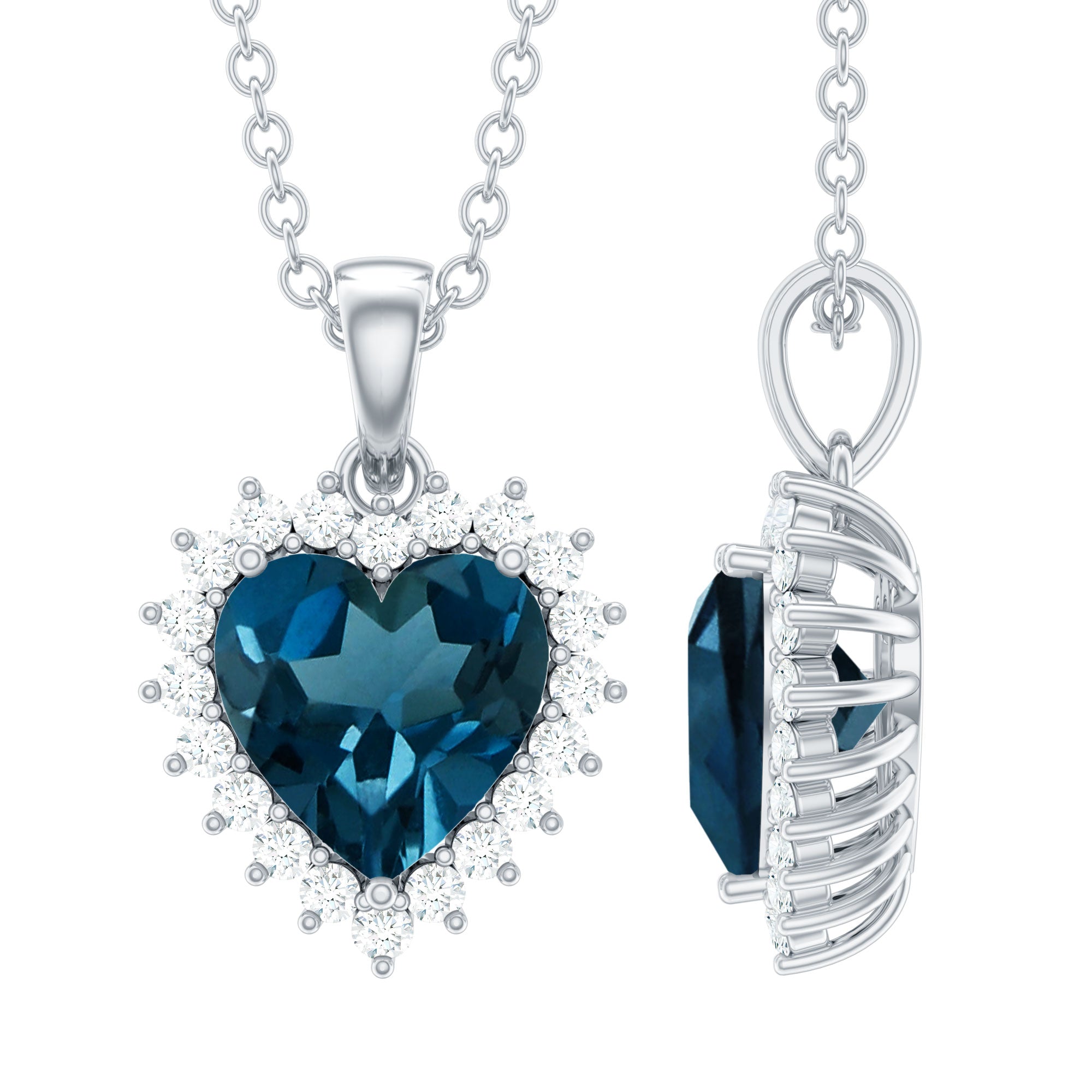 Certified 8 MM London Blue Topaz Heart Pendant with Moissanite Halo
