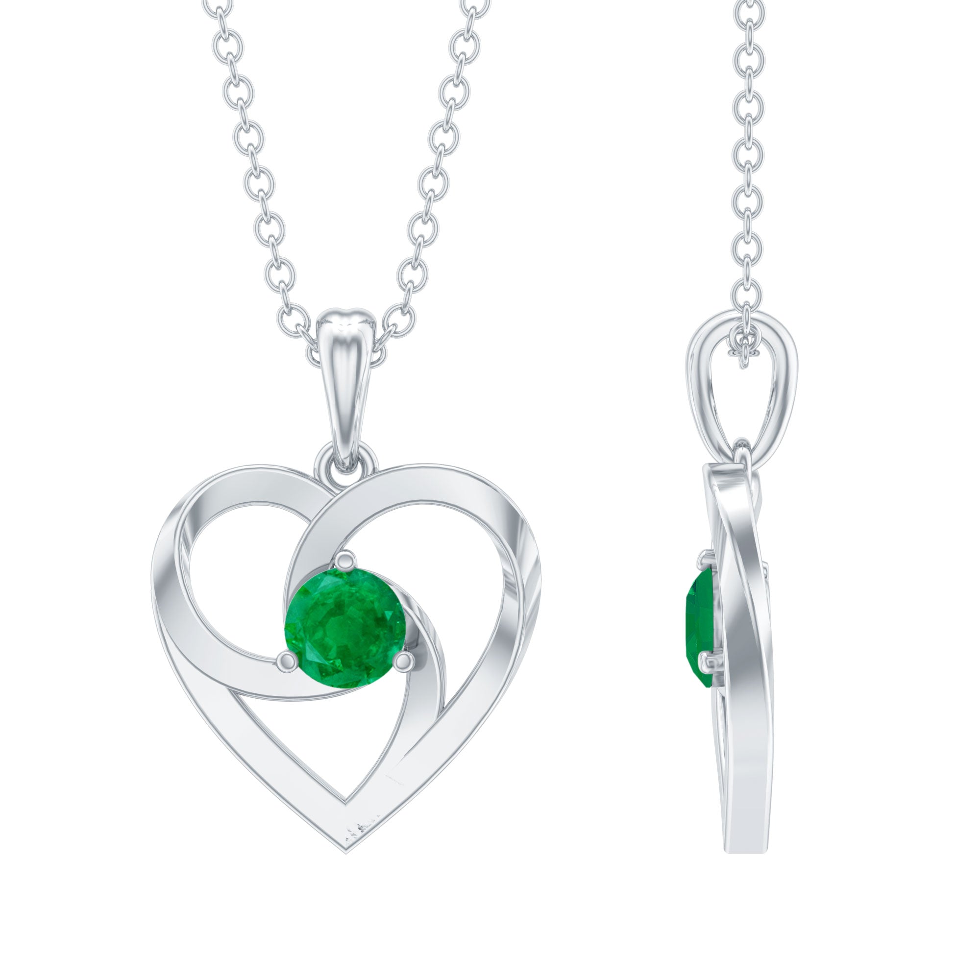 Open Heart Solitaire Emerald Pendant Necklace