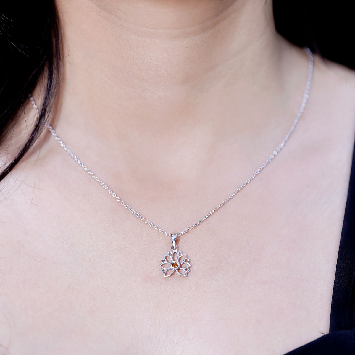 Bezel Set Citrine Lotus Flower Necklace With Chain AAA - Rosec Jewels