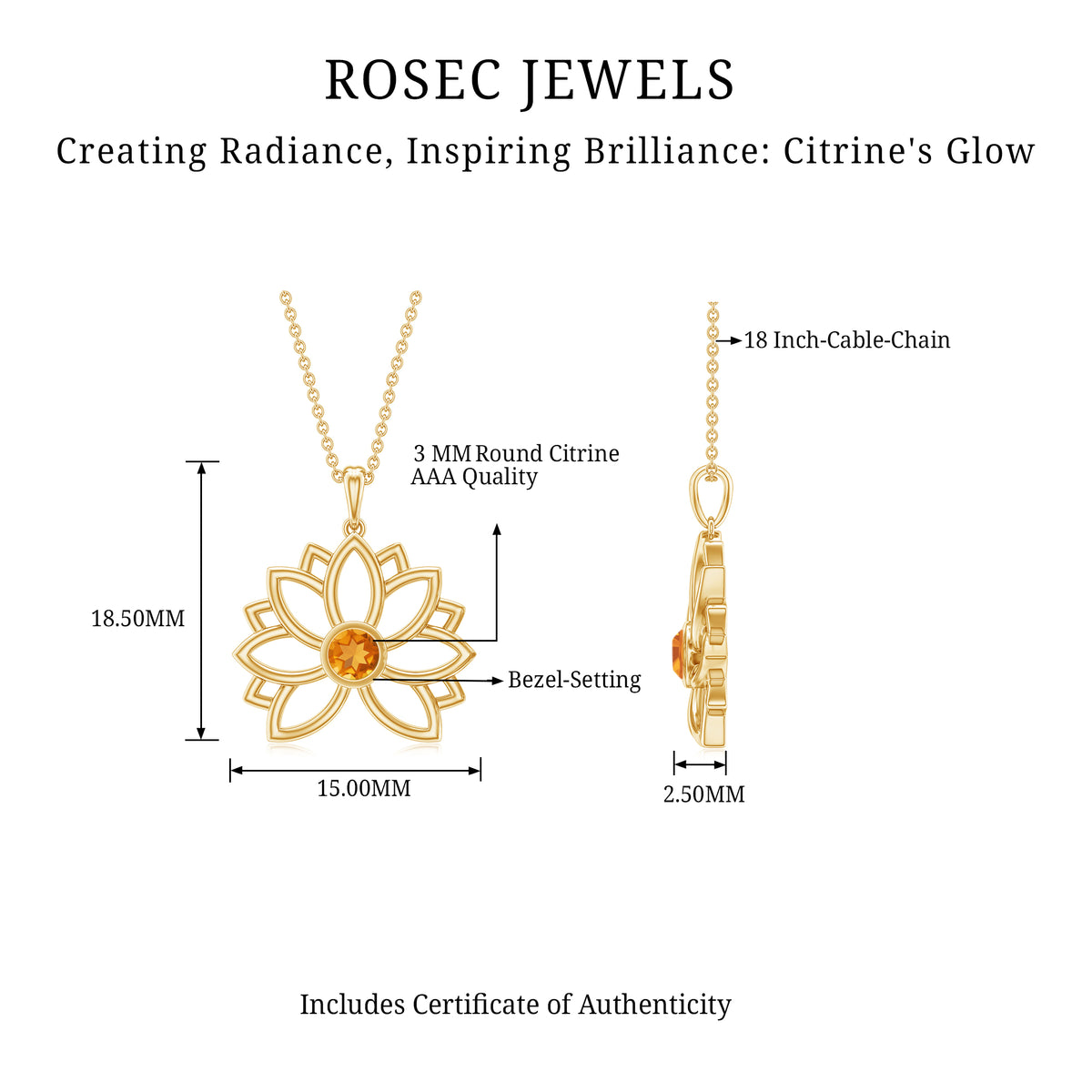 Bezel Set Citrine Lotus Flower Necklace With Chain AAA - Rosec Jewels