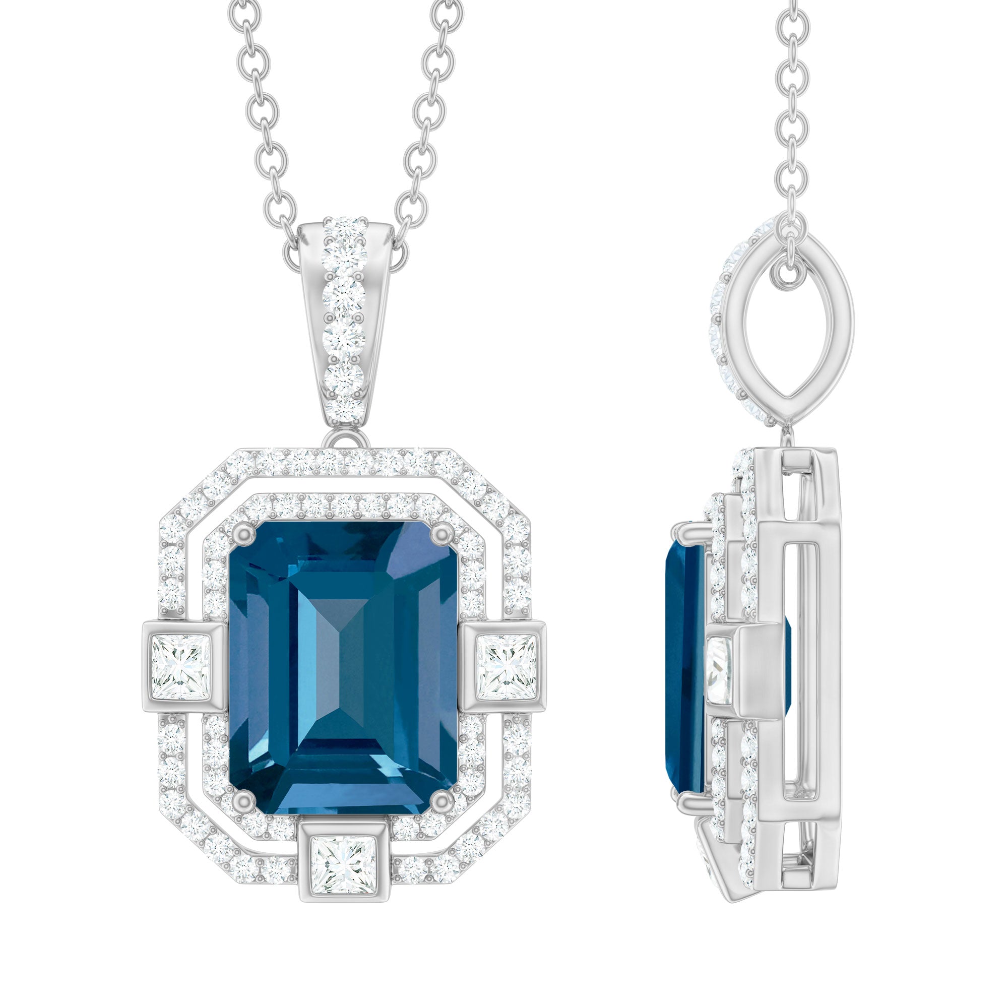 Certified Vintage Inspired Emerald Cut London Blue Topaz Necklace with Halo