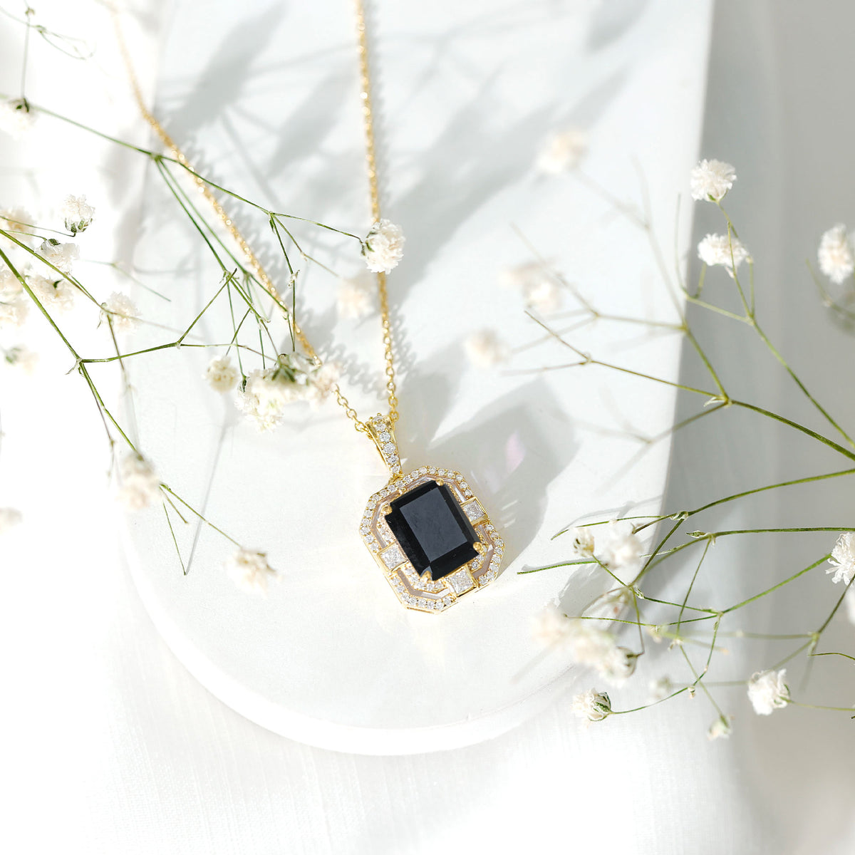 Vintage Inspired 3.4 Carat Emerald Cut Synthetic Black Diamond Pendant Necklace AAAA ( Synthetic ) - Rosec Jewels