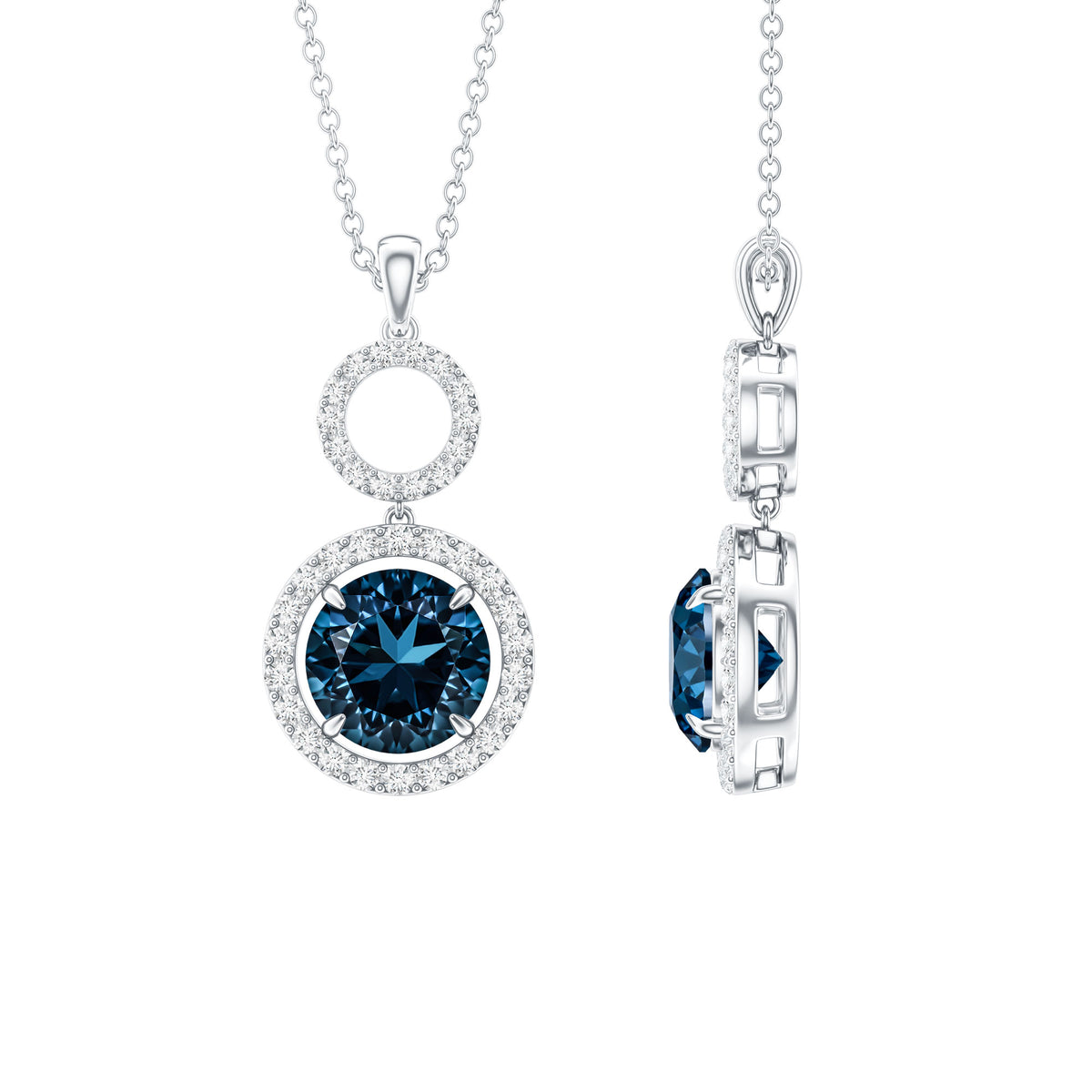 2 Carat London Blue Topaz and Diamond Halo Dangle Pendant AAA - Rosec Jewels