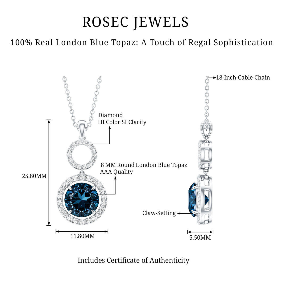 2 Carat London Blue Topaz and Diamond Halo Dangle Pendant AAA - Rosec Jewels
