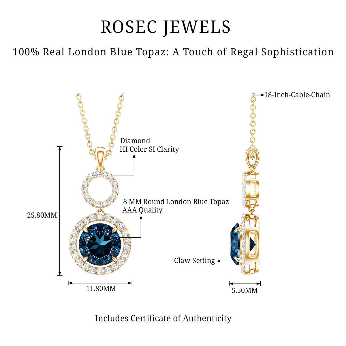 2 Carat London Blue Topaz and Diamond Halo Dangle Pendant AAA - Rosec Jewels