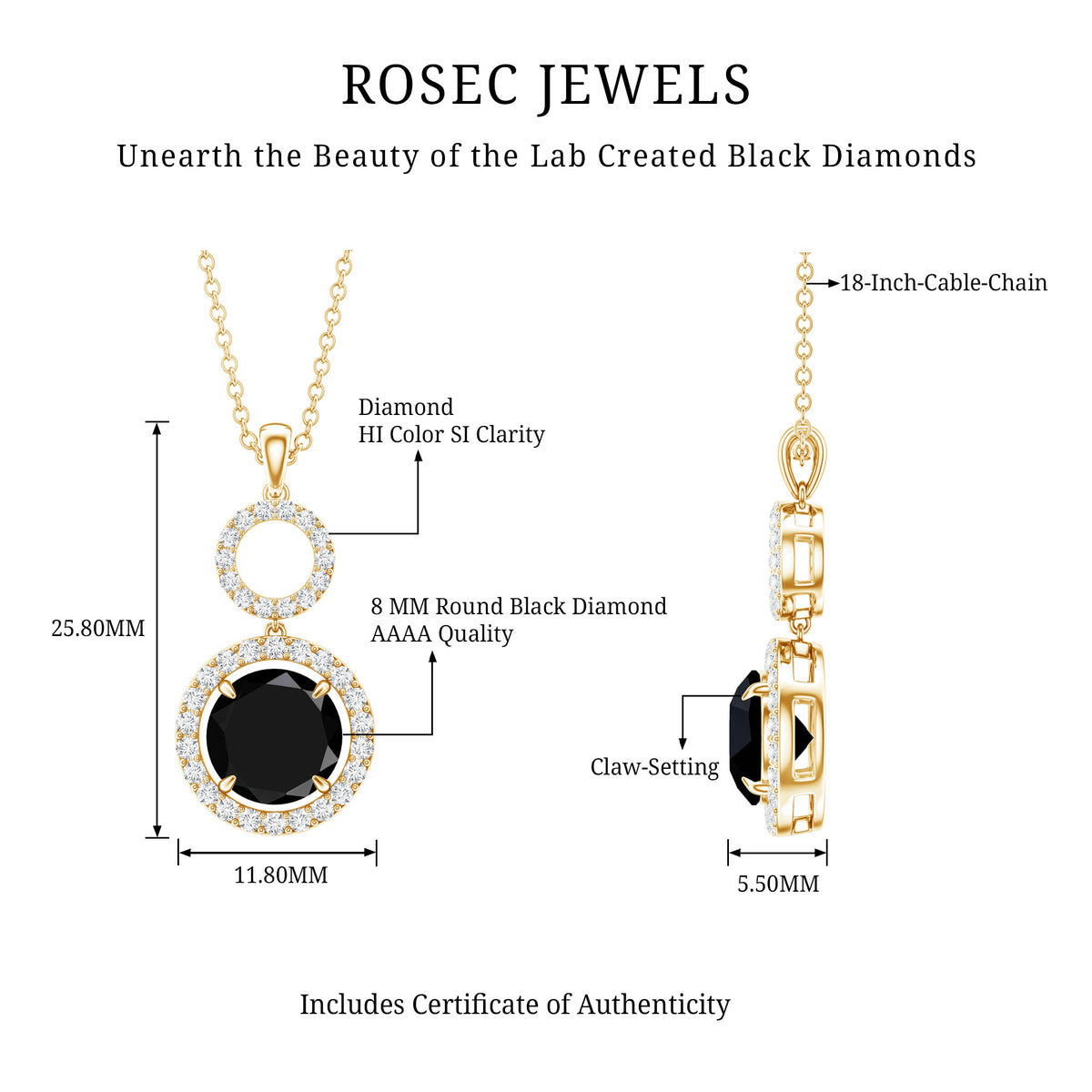 Lab Created Black Diamond Drop & Dangle Necklace with White Diamond AAAA ( Synthetic ) - Rosec Jewels
