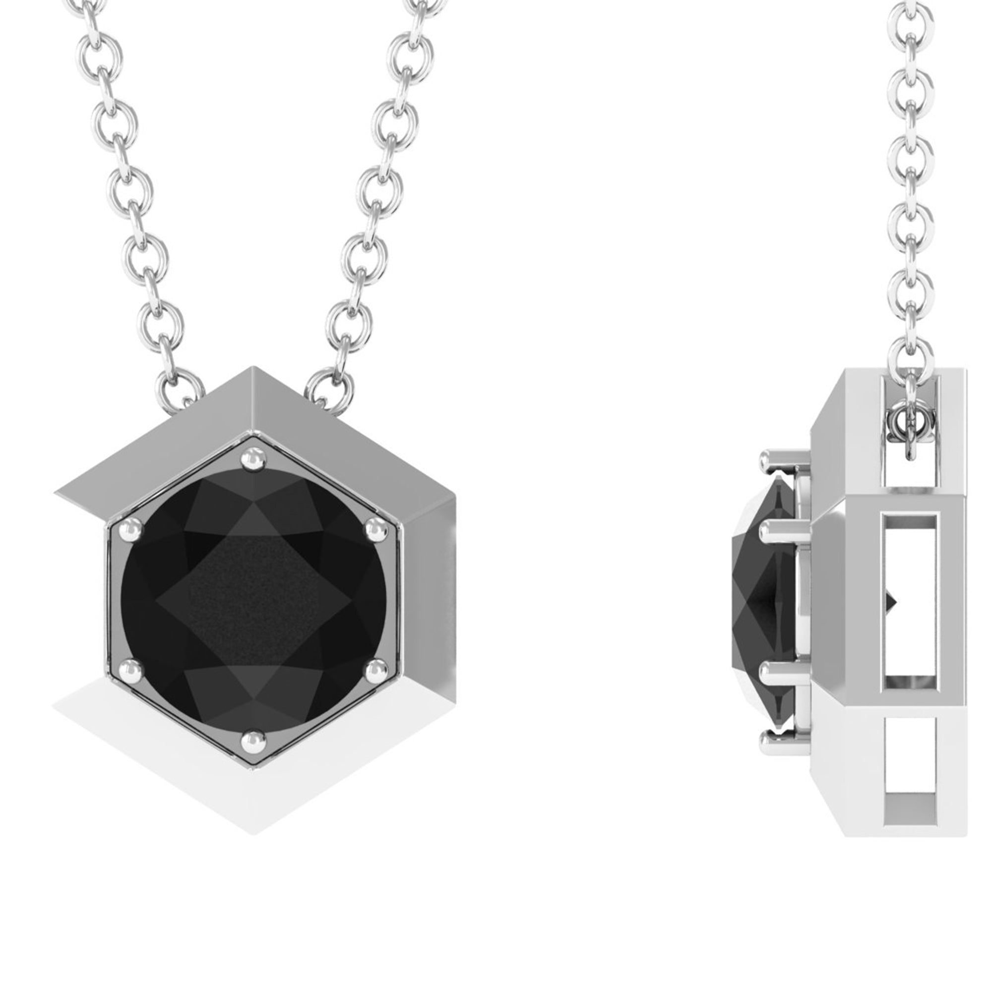 Round Created Black Diamond Gold Hexagon Pendant Necklace Lab Created Black Diamond - ( AAAA ) - Quality - Rosec Jewels