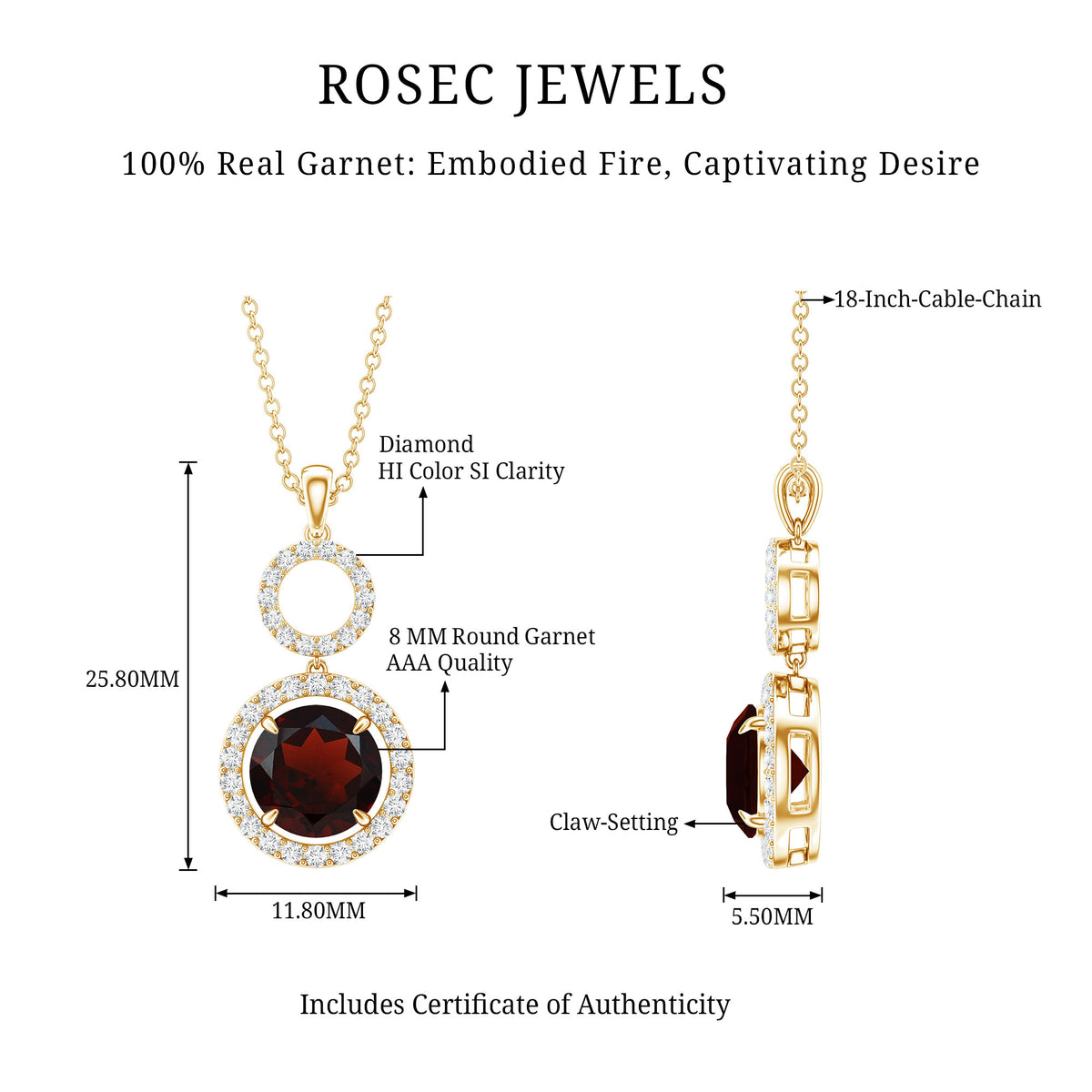 Real Garnet Circle Eternity Necklace with Diamond AAA - Rosec Jewels
