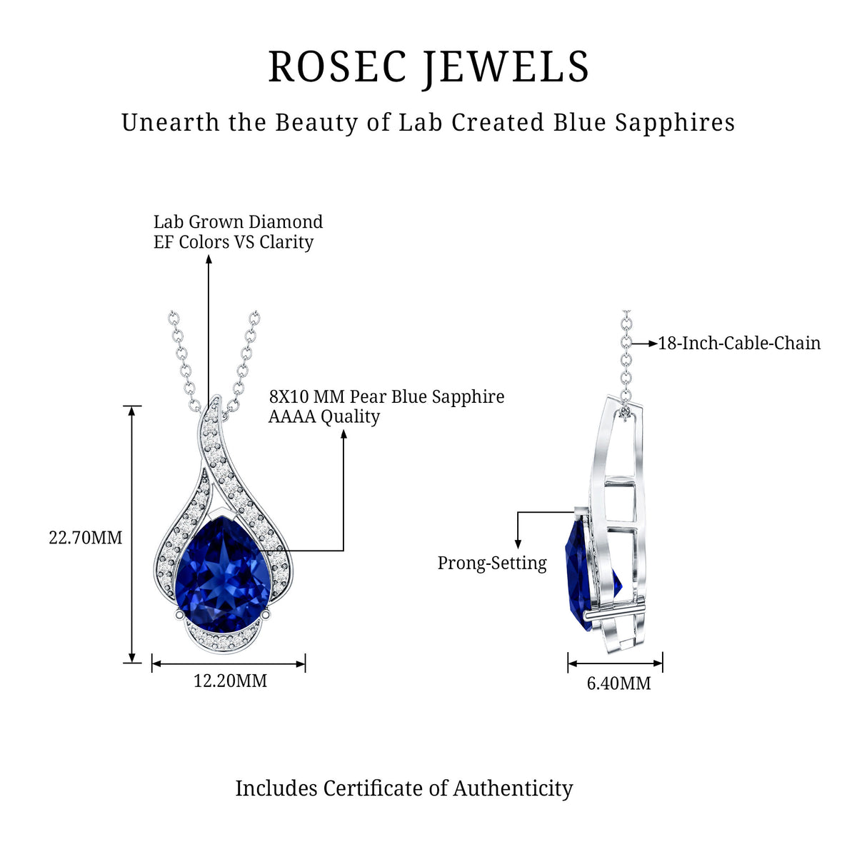 Classic Lab Grown Blue Sapphire Pendant Necklace With Diamond AAAA - Rosec Jewels