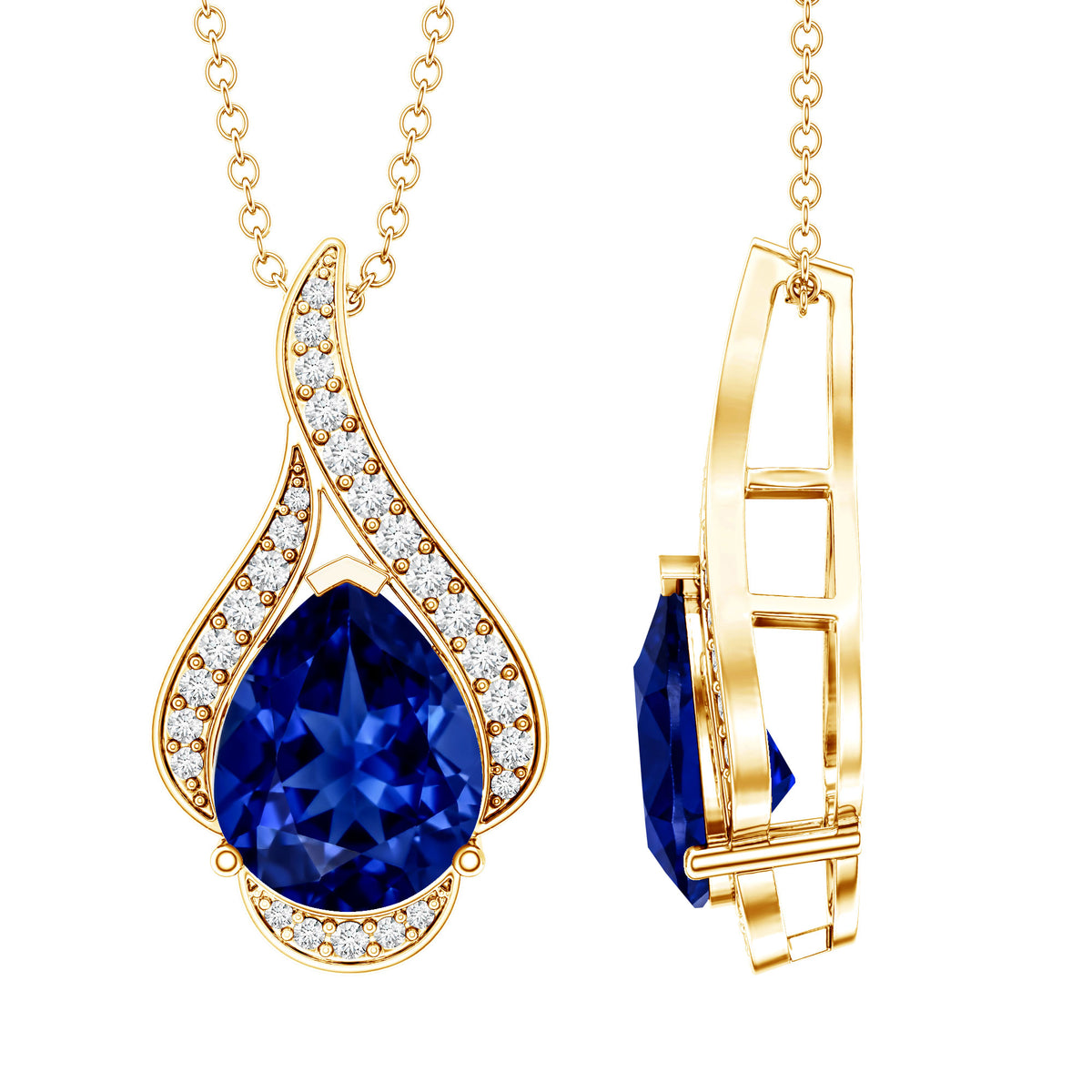 Classic Lab Grown Blue Sapphire Pendant Necklace With Diamond AAAA - Rosec Jewels